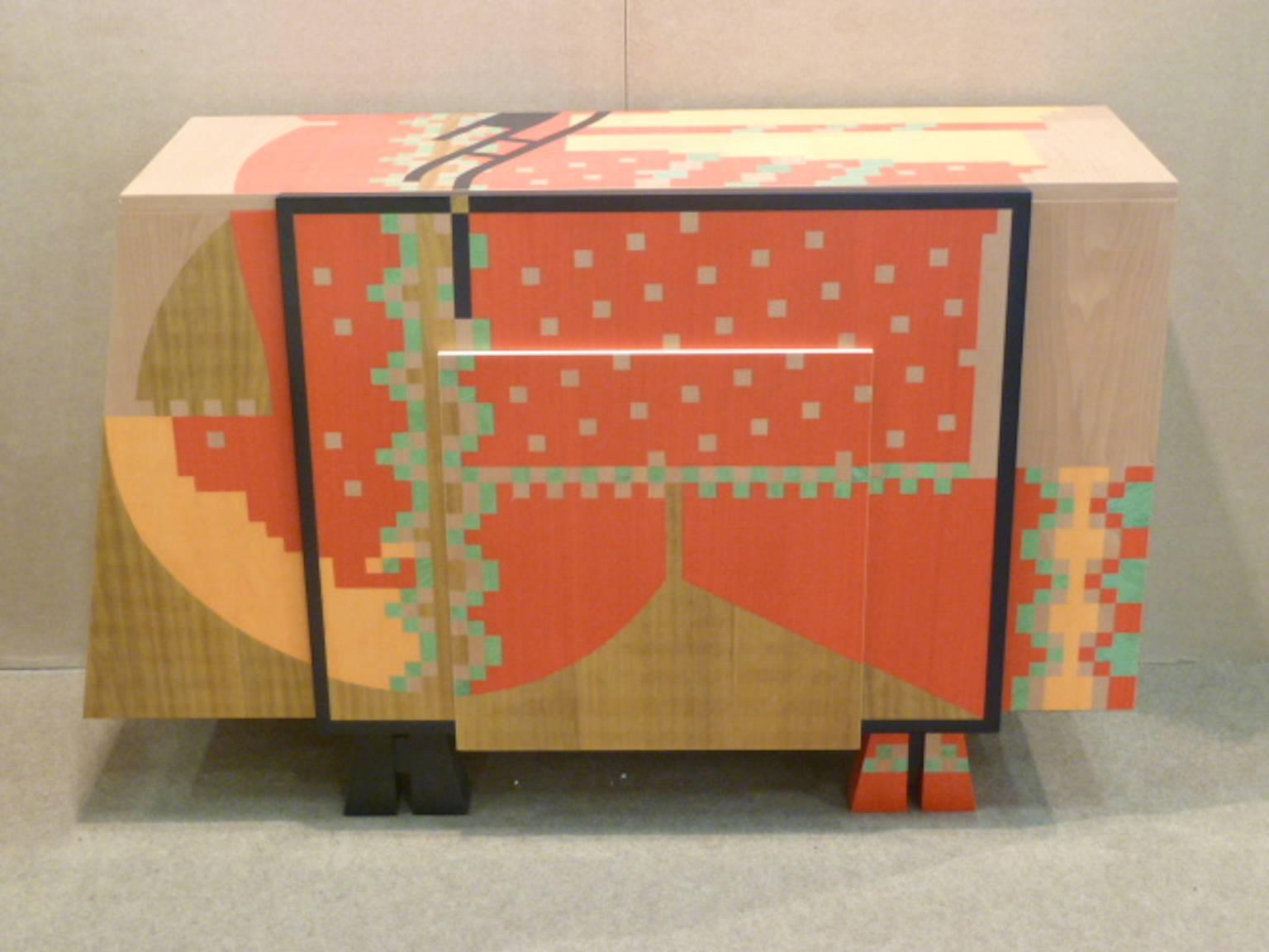 Sideboard, circa 1985 series limited to a few copies in wood marquetry decoration of different shades with stylized motifs designed by Alessandro Mendini and produced by Alchimia.