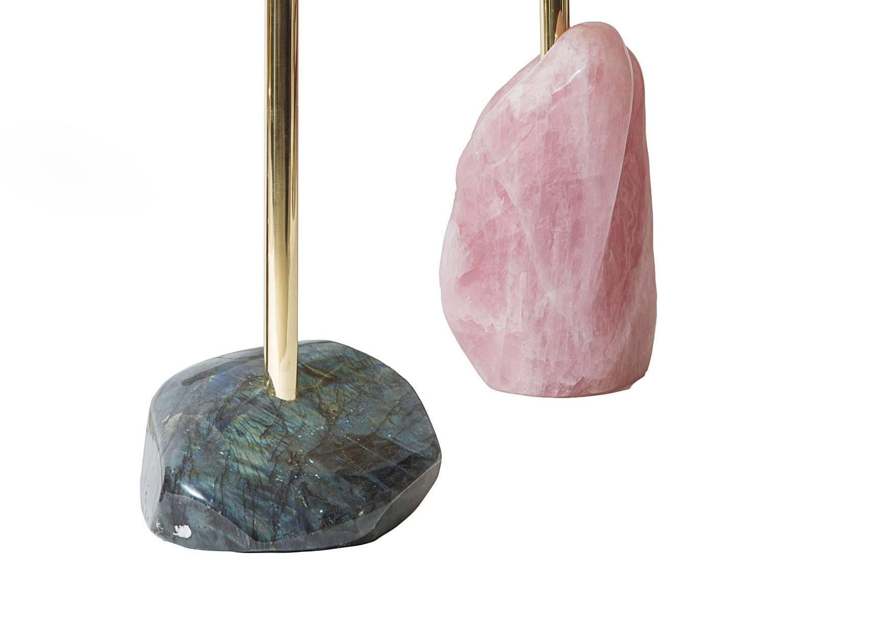 Two 'Stone Age' gueridon with a brass structure and base made of semi-precious stones, Labradorite and Rose Quartz from Madagascar, designed and produced by Studio Superego.
The dimensions are diameter 40 x height 80, diameter 40 x height 65.