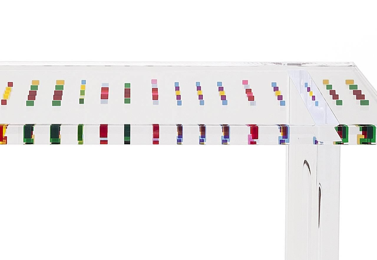 A beautiful console with a structure of transparent plexiglass with small colored plexiglass squares. Unique pieces designed by Studio Superego and produced by Poliedrica,  in 2017.