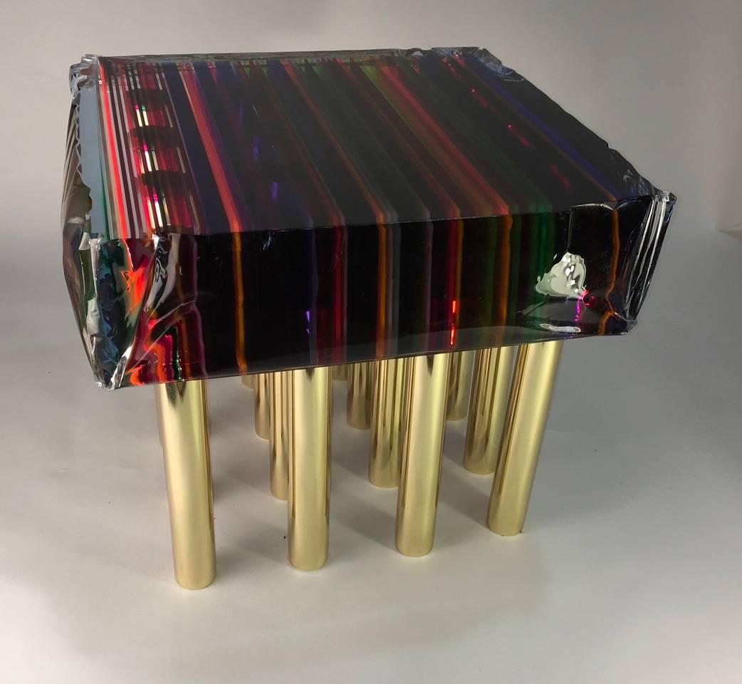 'Rainbow' coffee table in multicolor plexiglass with brass legs designed and produced by Studio Superego in 2017.

Superego editions was born in 2006, performing a constant activity of research in decorative arts by offering both contemporary and