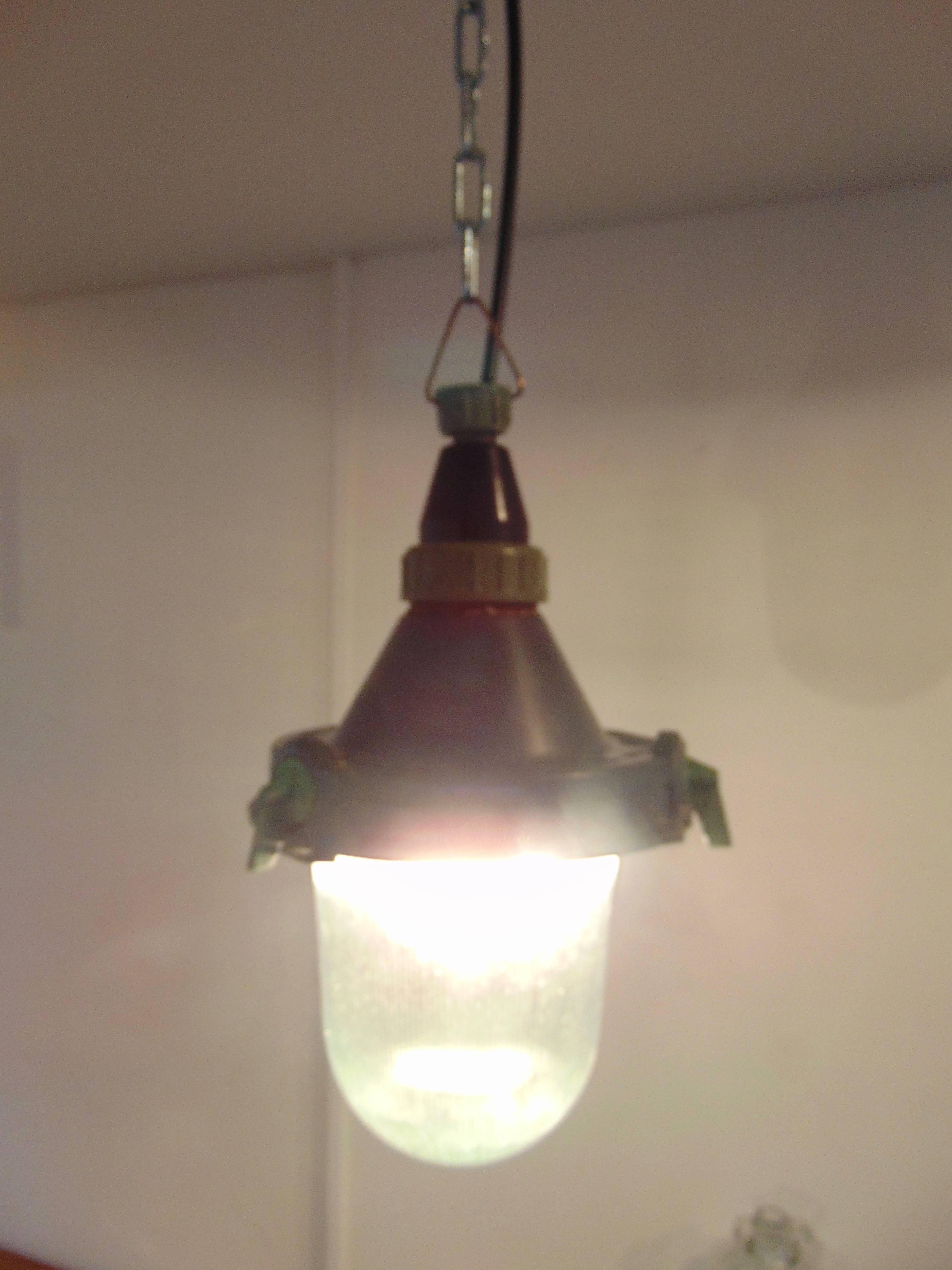 Molded Vintage Industrial CCCP Steel and Moulded Glass Pendant Lights For Sale