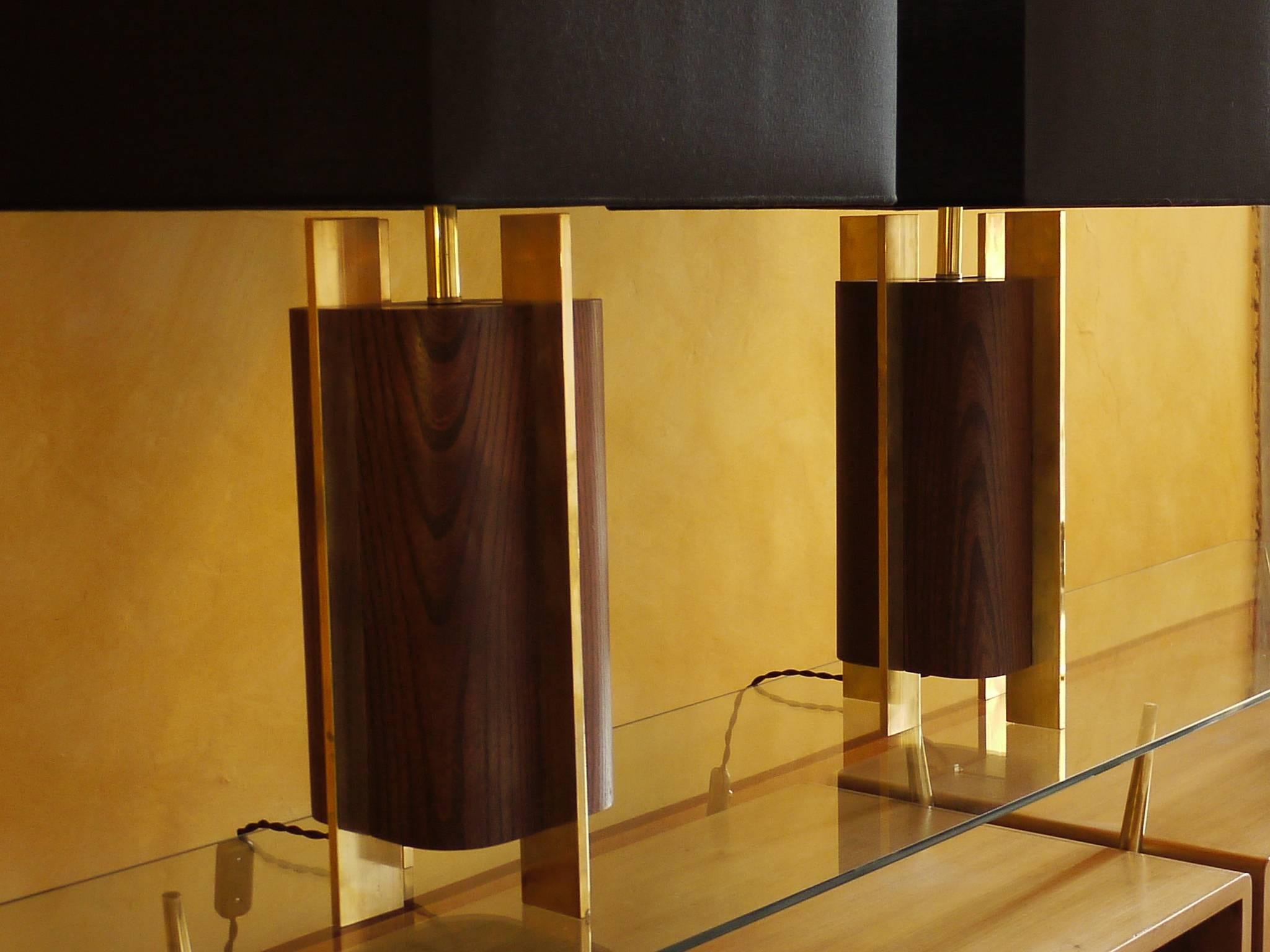 Late 20th Century Pair of Italian Brass & Brown Oak Table Lamps w/ Black Shades 1