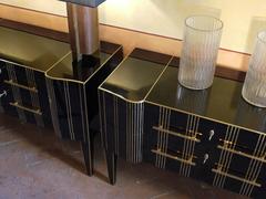Gorgeous Pair of Black Mirror and Brass Commodes, Late 20th Century