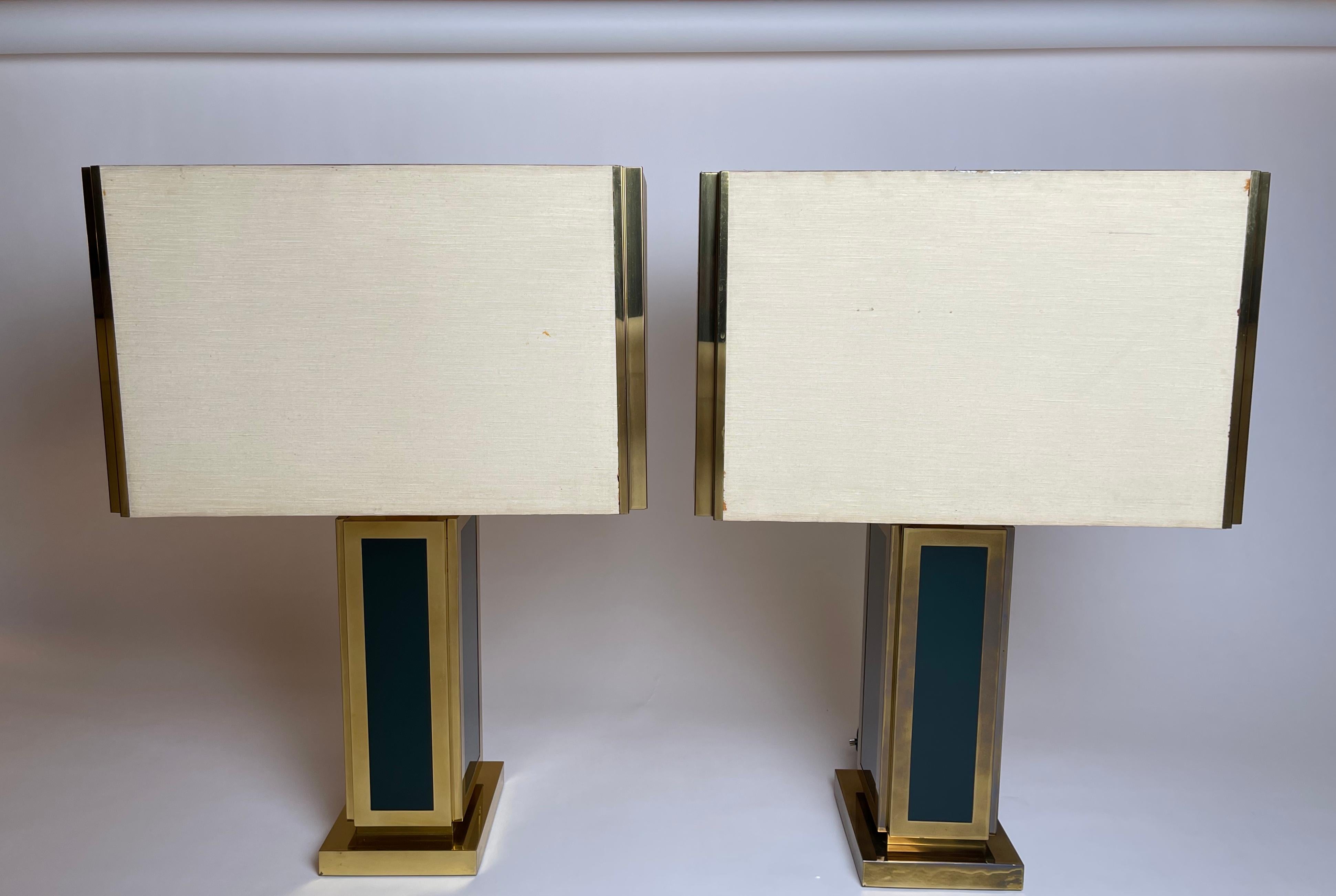 Late 20th Century Pair of Brass & Green Glass Table Lamps with Shades by Liwan's 5