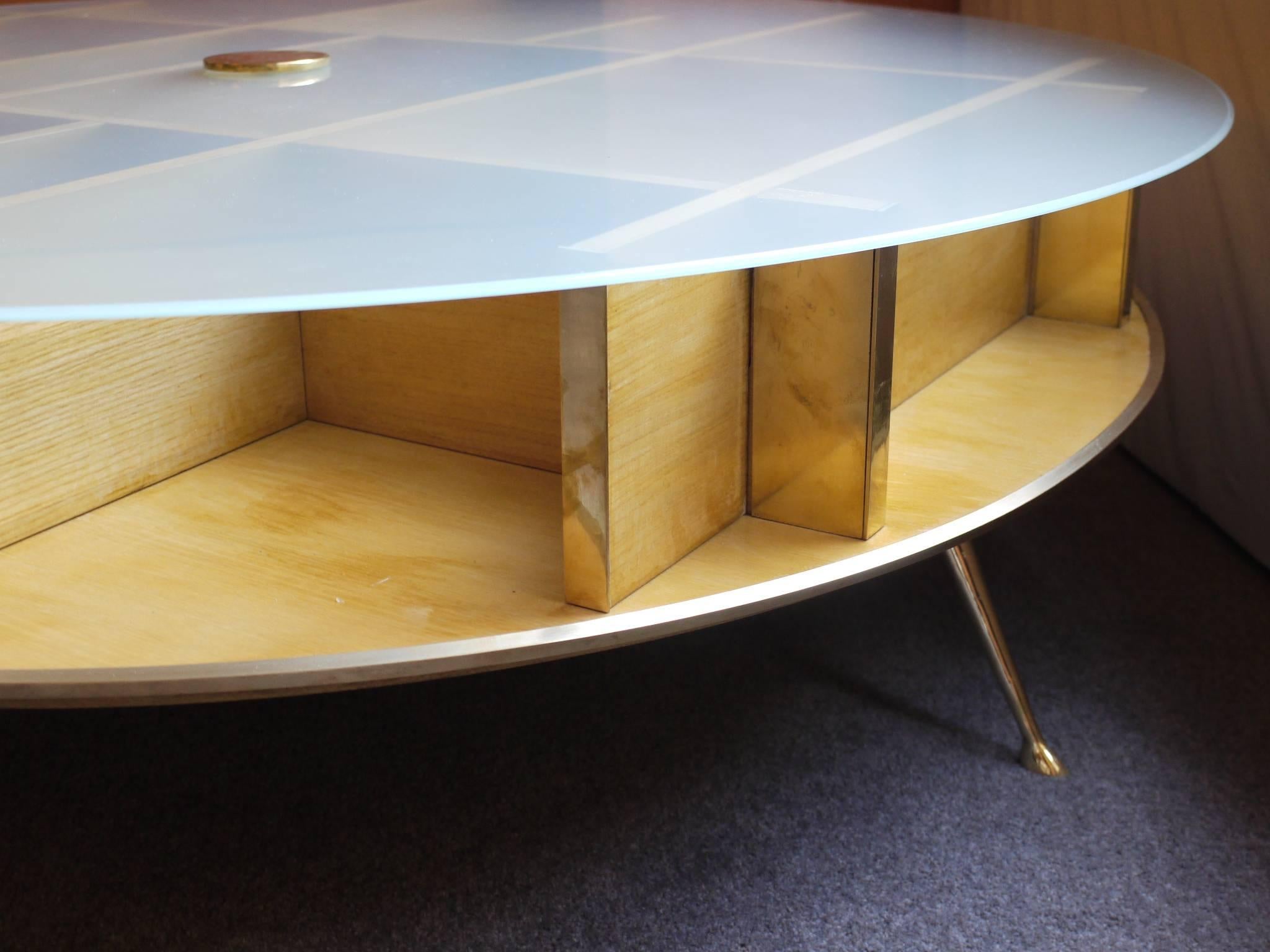 Mid-Century Modern Mid-Century Italian Round Coffee Table with Frosted Glass Top & Brass Detailing