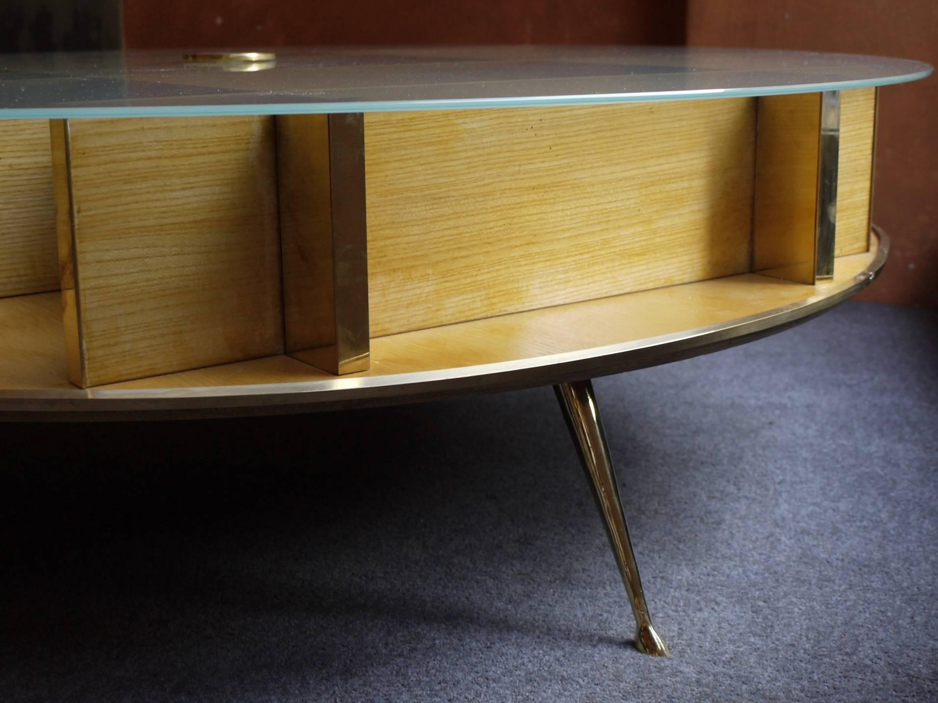 Mid-Century Italian Round Coffee Table with Frosted Glass Top & Brass Detailing 1