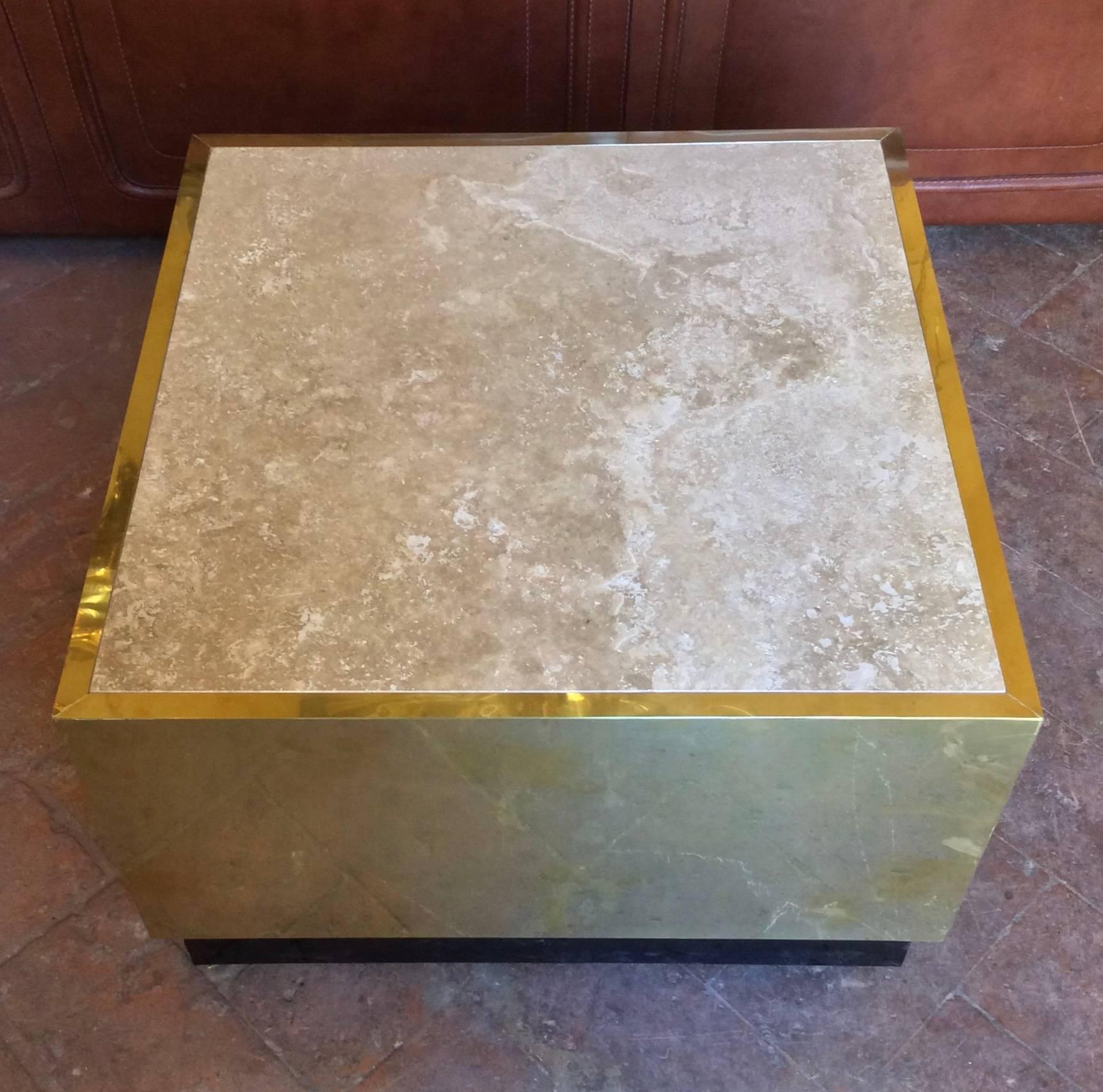 Nice Mid-Century Modern, Italian Set of Three Coffee Table in Brass and Stone 1