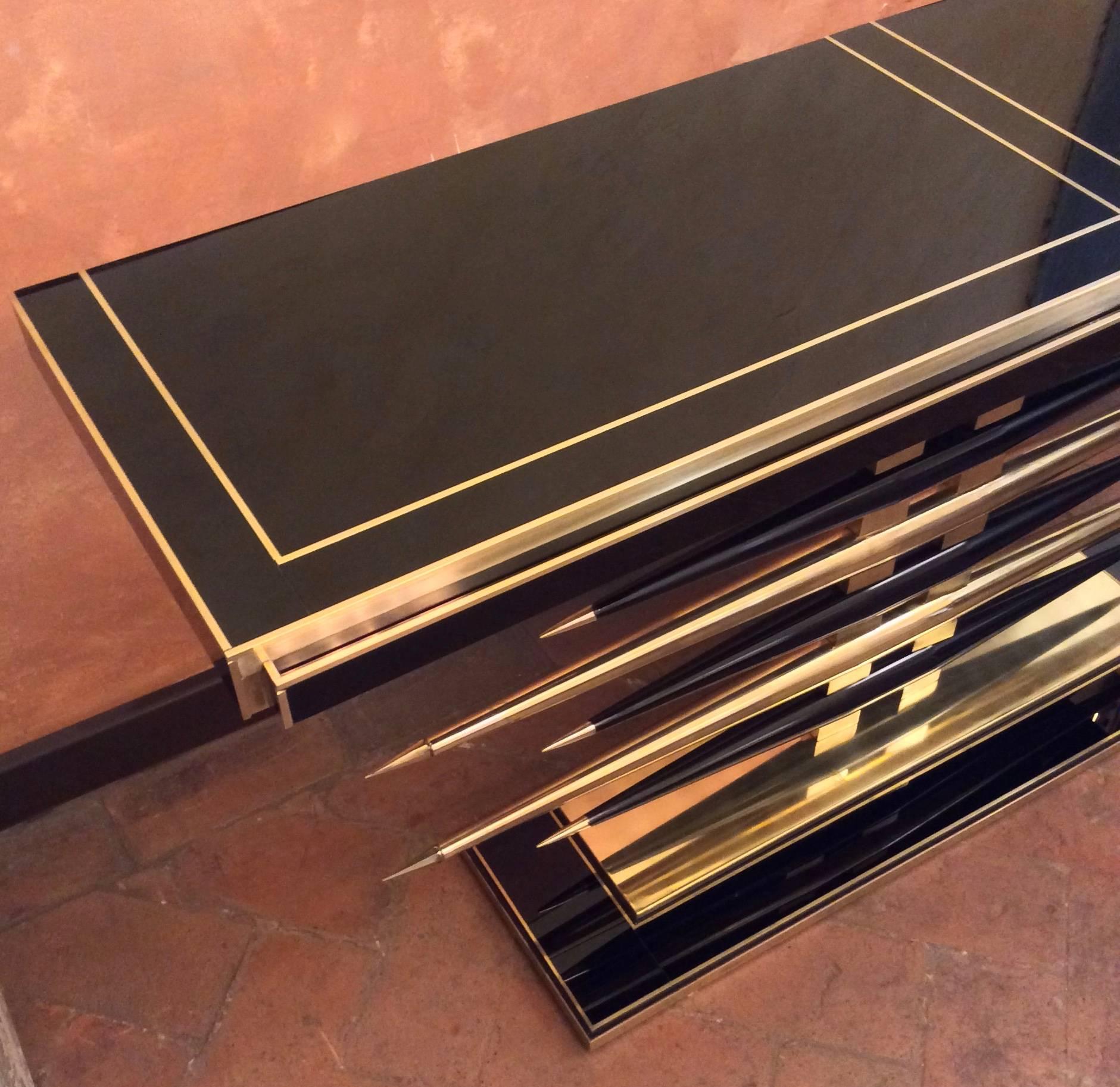 Mid-Century Modern Spectacular Pair of Late 20th Century Black Opaline Glass and Brass Consoles