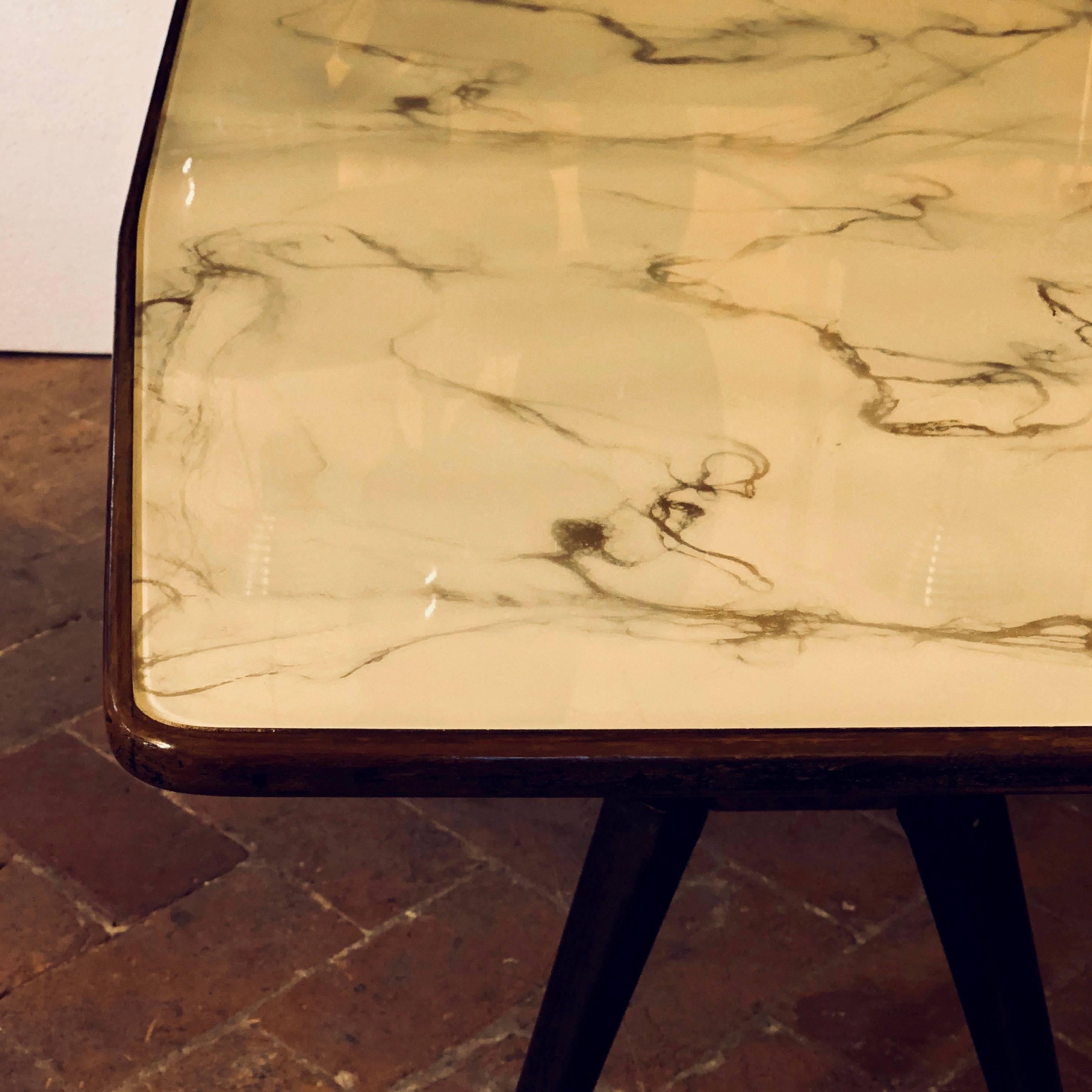 Italian Mid-Century Modern Rosewood Spider-Leg & White Marbled Murano Glass Dining Table