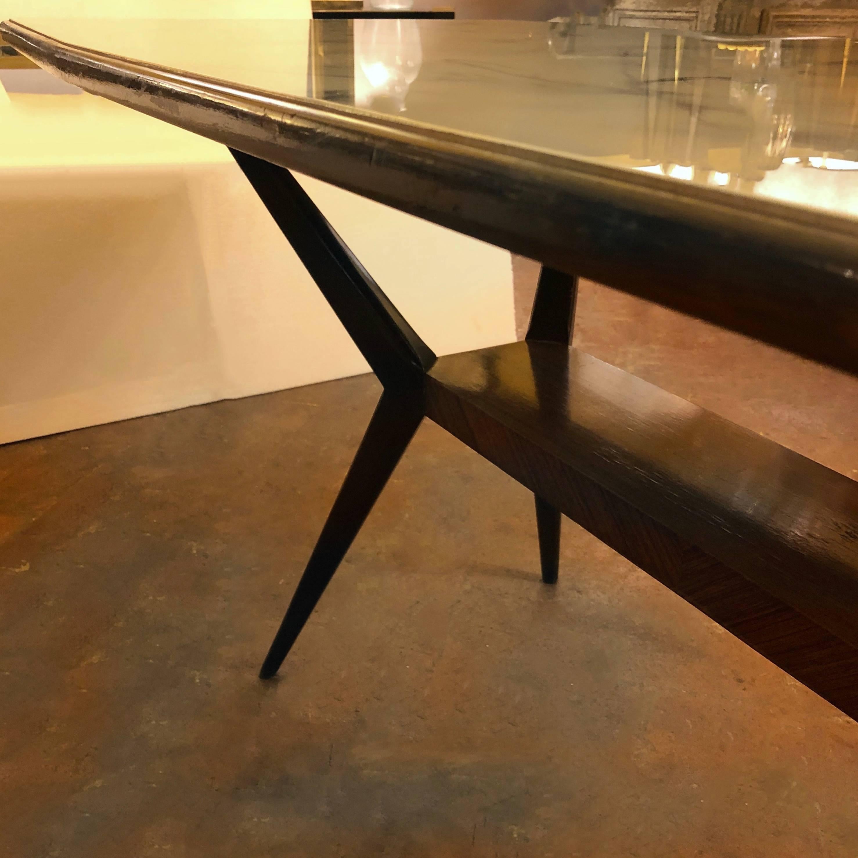 Mid-20th Century Mid-Century Modern Rosewood Spider-Leg & White Marbled Murano Glass Dining Table