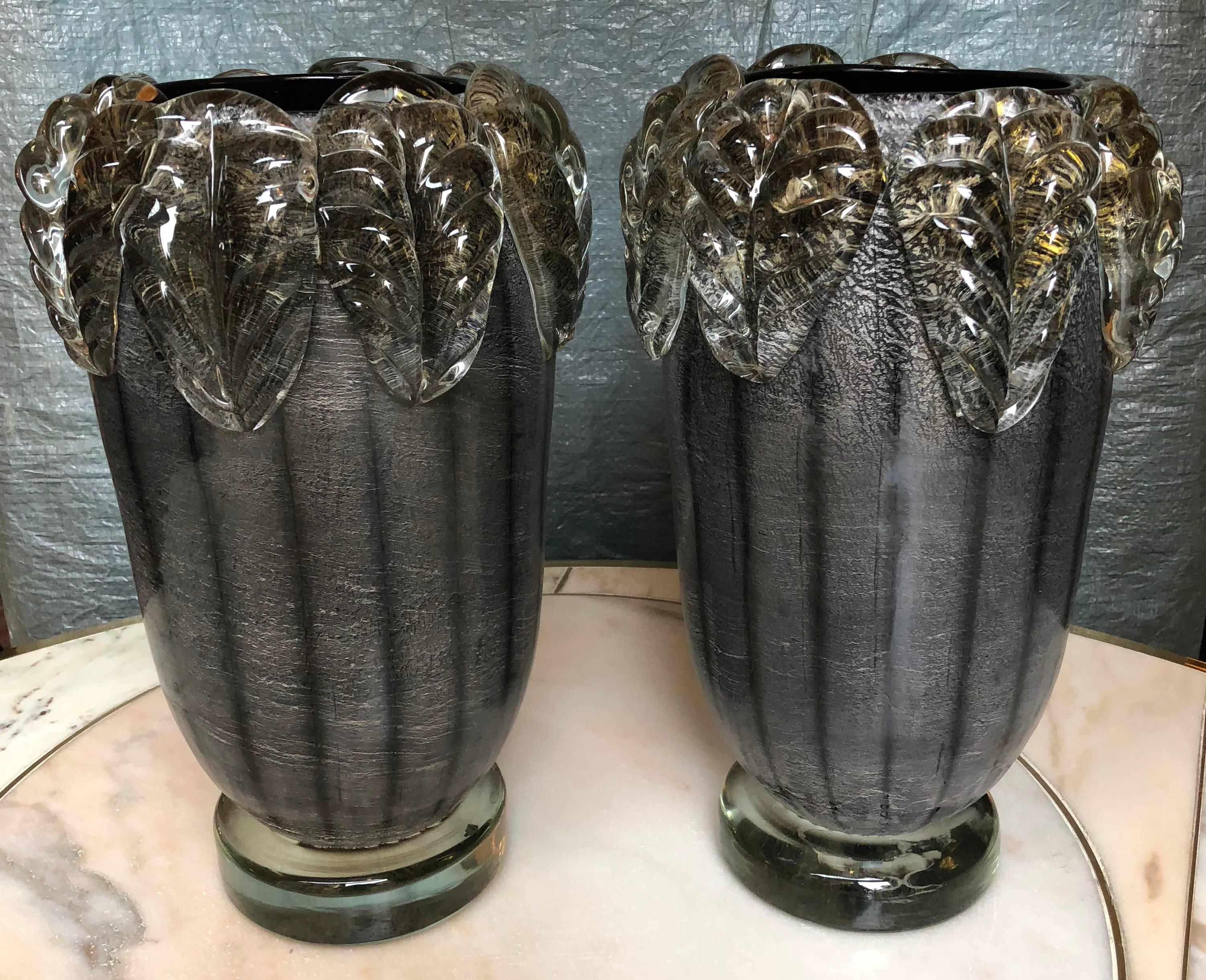 Mid-Century Modern Late 20th Century Pair of Silver Murano Glass Vases Signed by Costantini