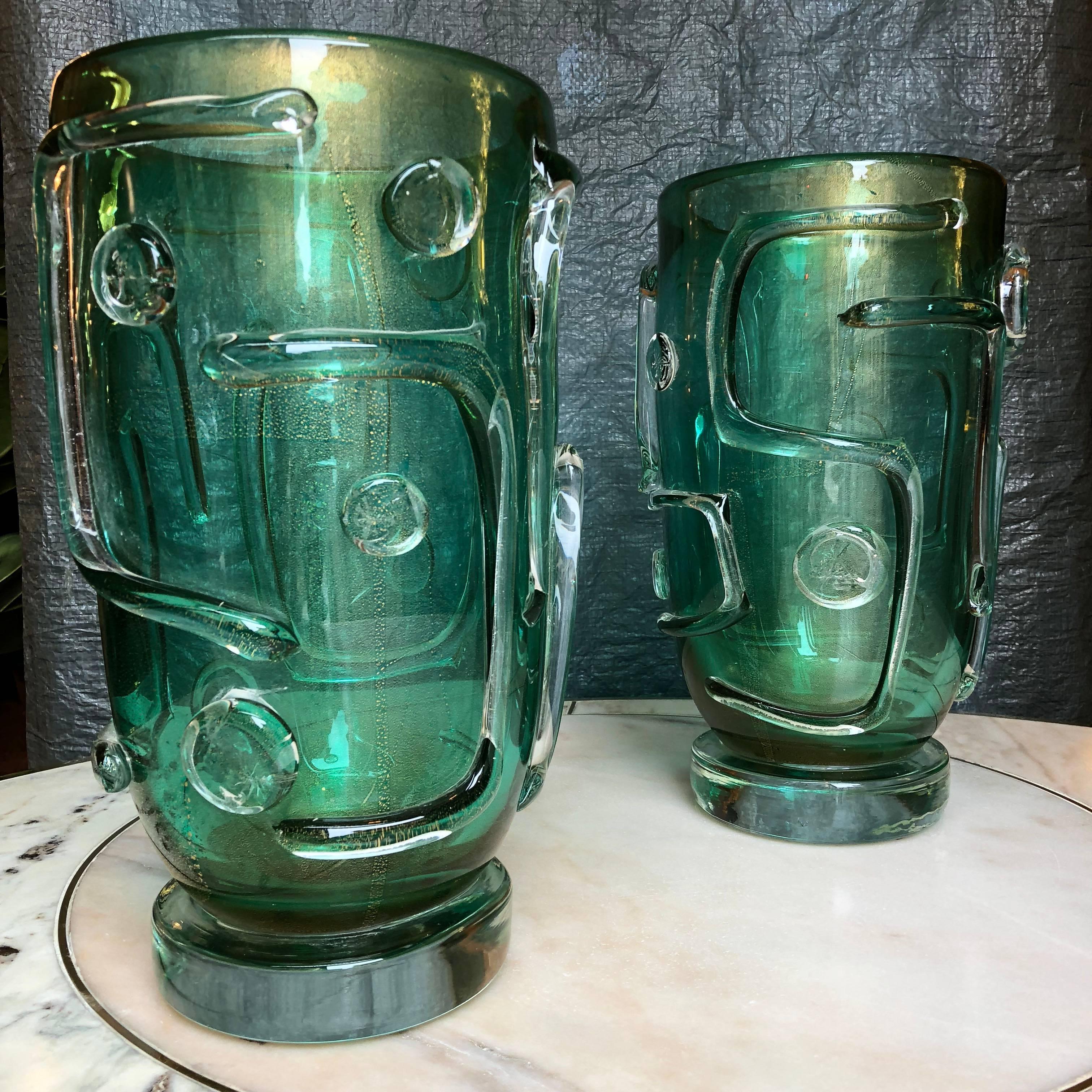 Mid-Century Modern Late 20th Century Pair of Green Murano Glass Vases