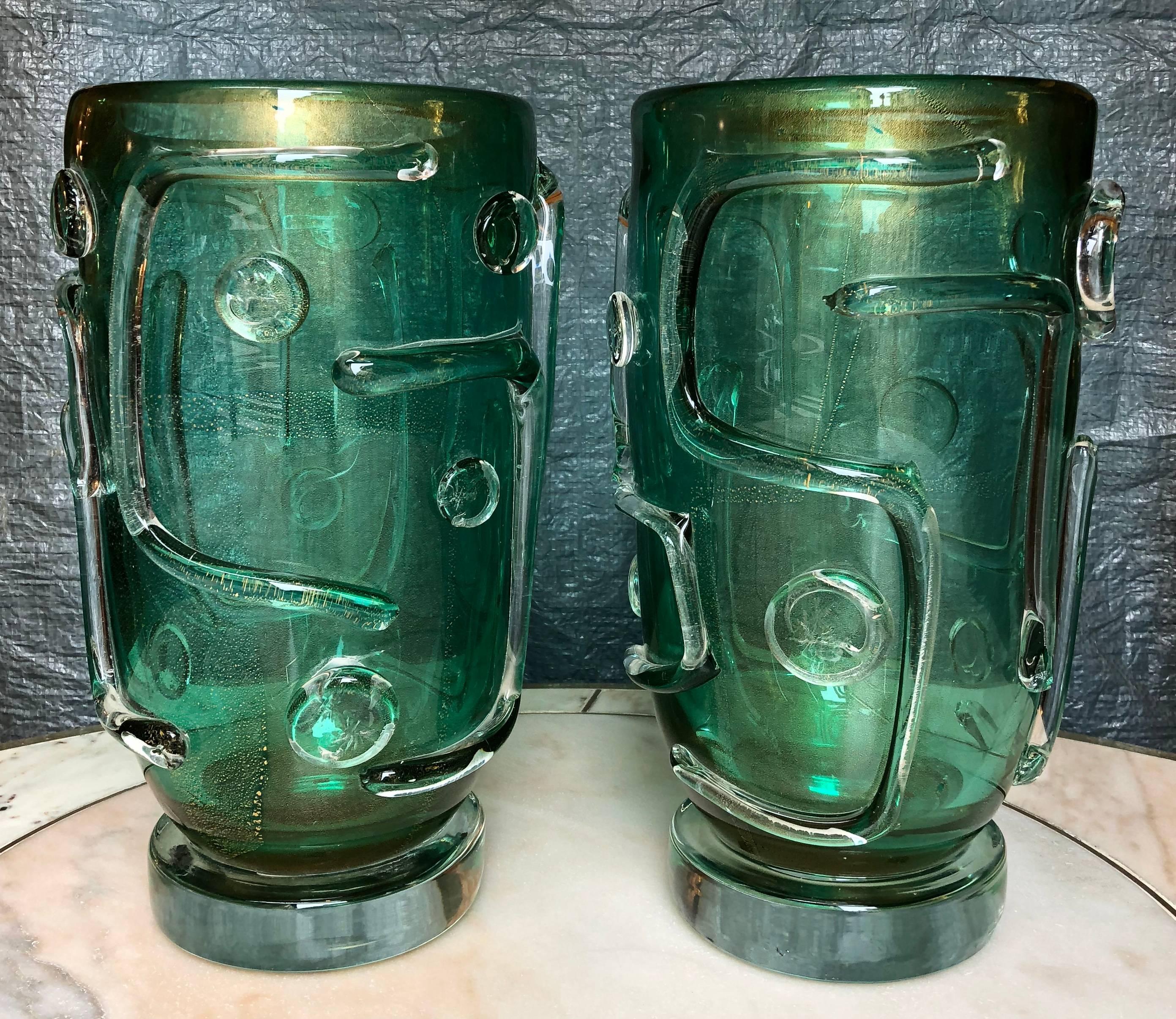 Late 20th Century Pair of Green Murano Glass Vases 1