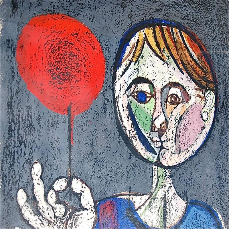 Josep Maria Garcia-Llort is a Spanish artist born in 1921 in Barcelona where he also died in 2003. He was initially influenced by the work of Pablo Picasso. This original work is called “The red balloon”. Mixed-media on paper. We would classify this