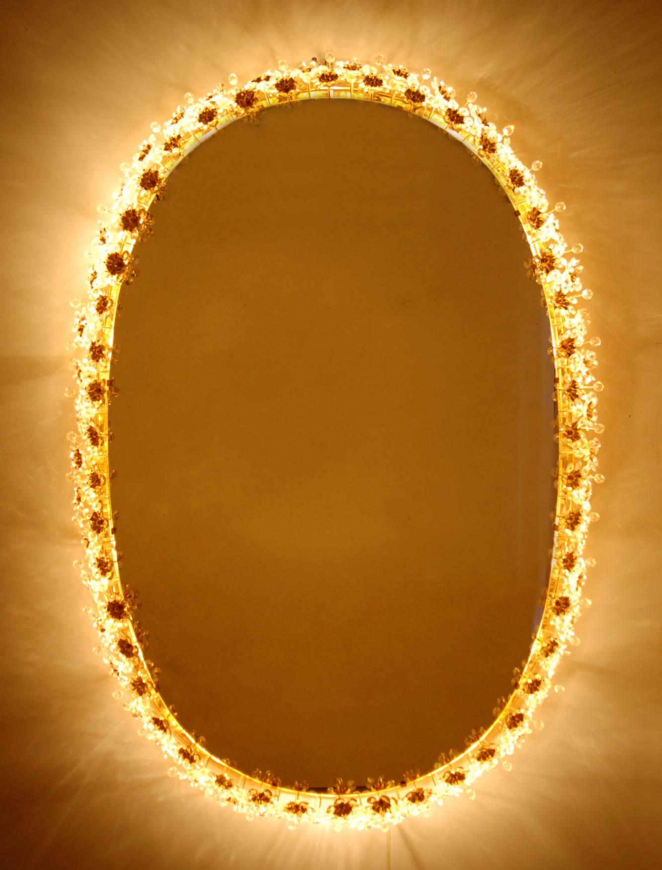 Mid-Century Modern Oval Gilt Brass and Crystal Backlit Mirror by Palwa, circa 1960s