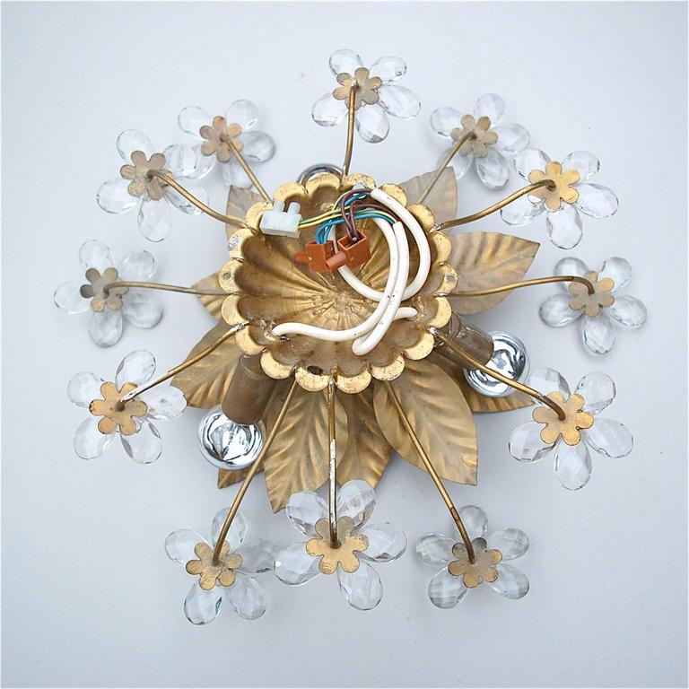 Hollywood Regency Style Gold Metal Floral Wall Sconce with Crystal Flowers For Sale at 1stdibs