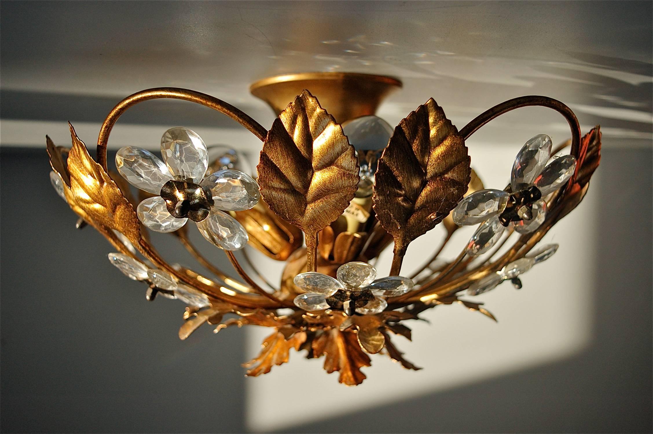 Hollywood Regency Gold Metal Floral Flush Mount Ceiling Light with Crystal Flowers, Italy, 1980s