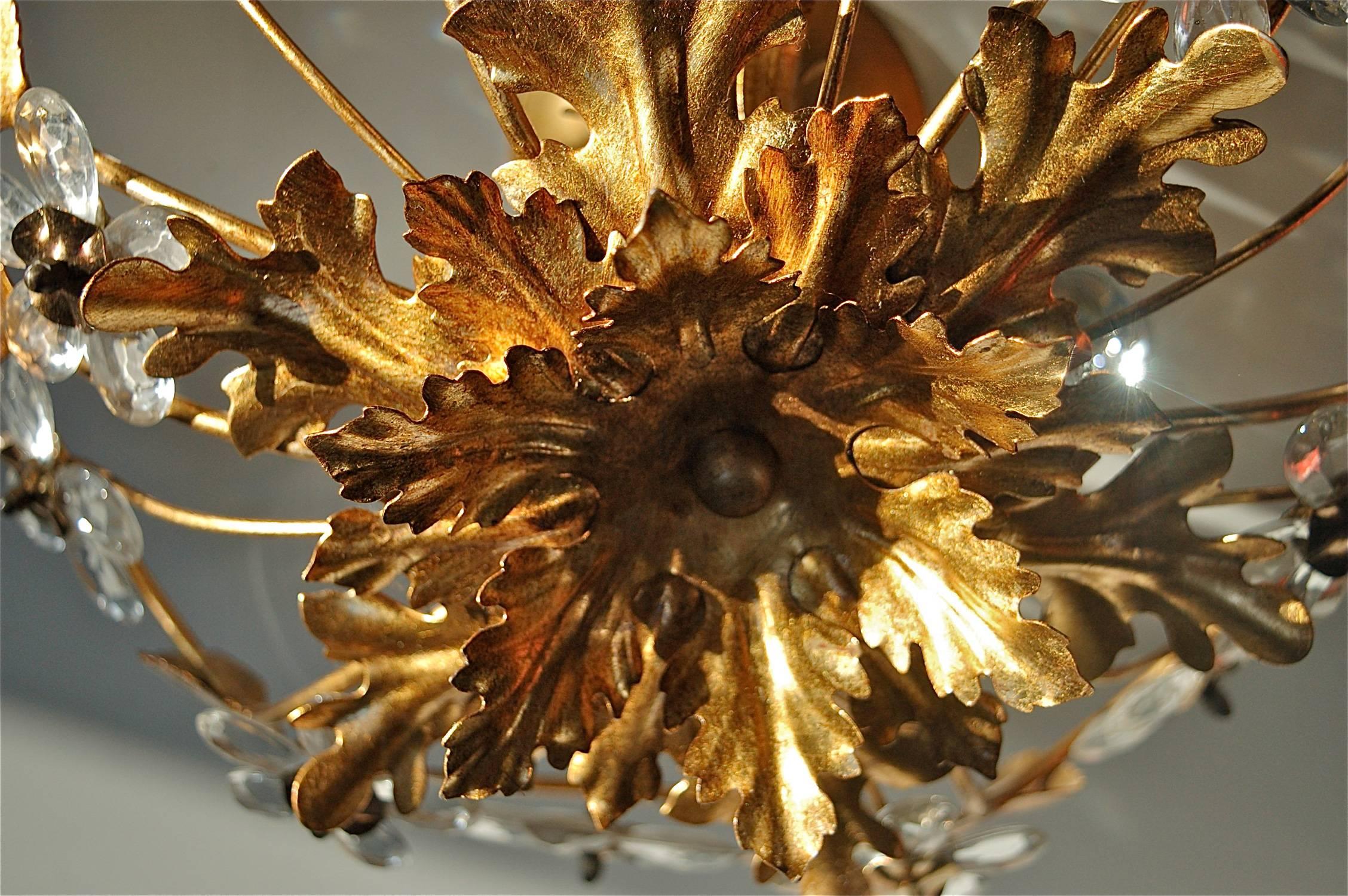 Italian Gold Metal Floral Flush Mount Ceiling Light with Crystal Flowers, Italy, 1980s