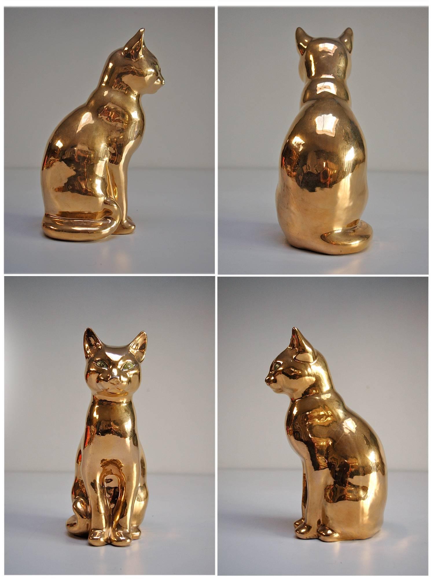 Italian Late 20th Century Ceramic Cat with Gold Colored Glaze For Sale