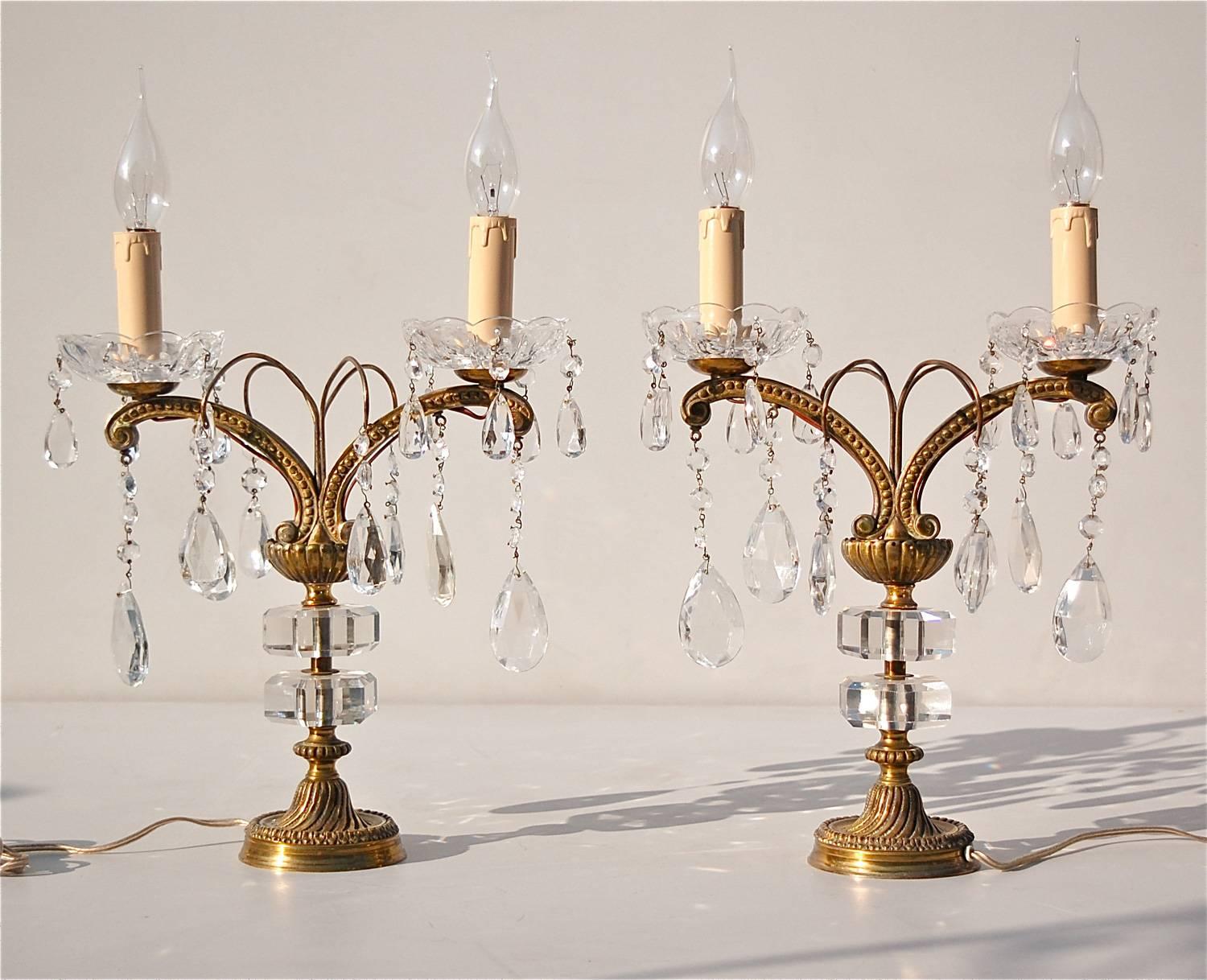 French Pair of Candlestick Table Lamps with Usual Crystal Detail, 1950s France For Sale