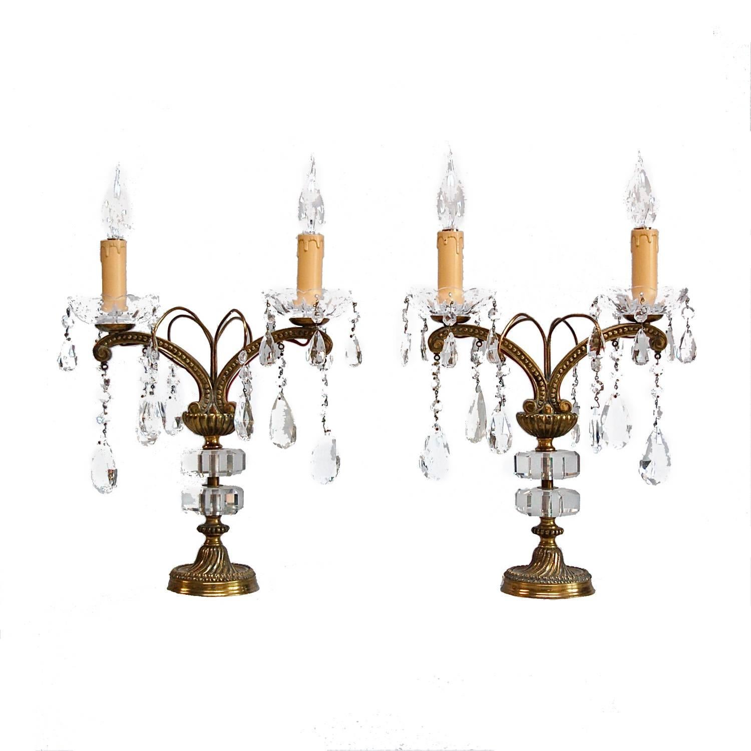 Pair of Candlestick Table Lamps with Usual Crystal Detail, 1950s France For Sale