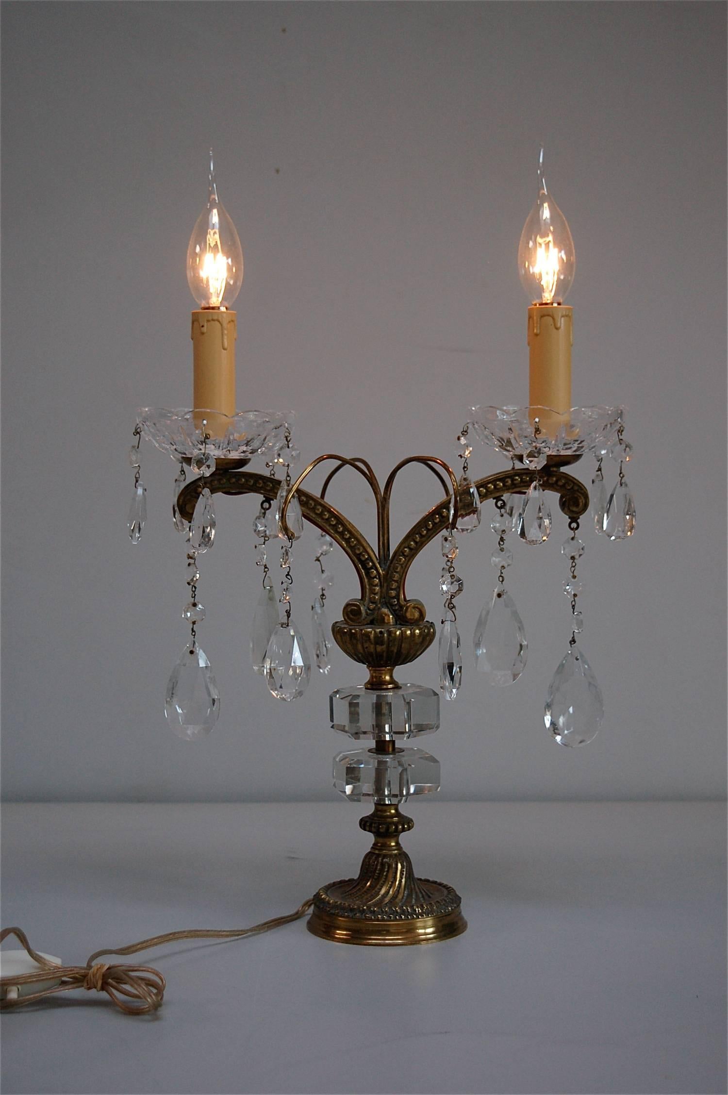 Brass Pair of Candlestick Table Lamps with Usual Crystal Detail, 1950s France For Sale