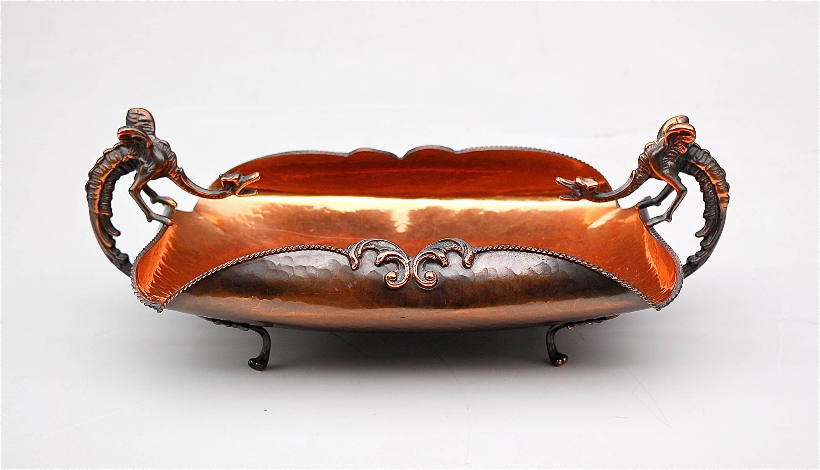 French Delicately Hammered Copper Dish with Dragon Handles, circa 1950s
