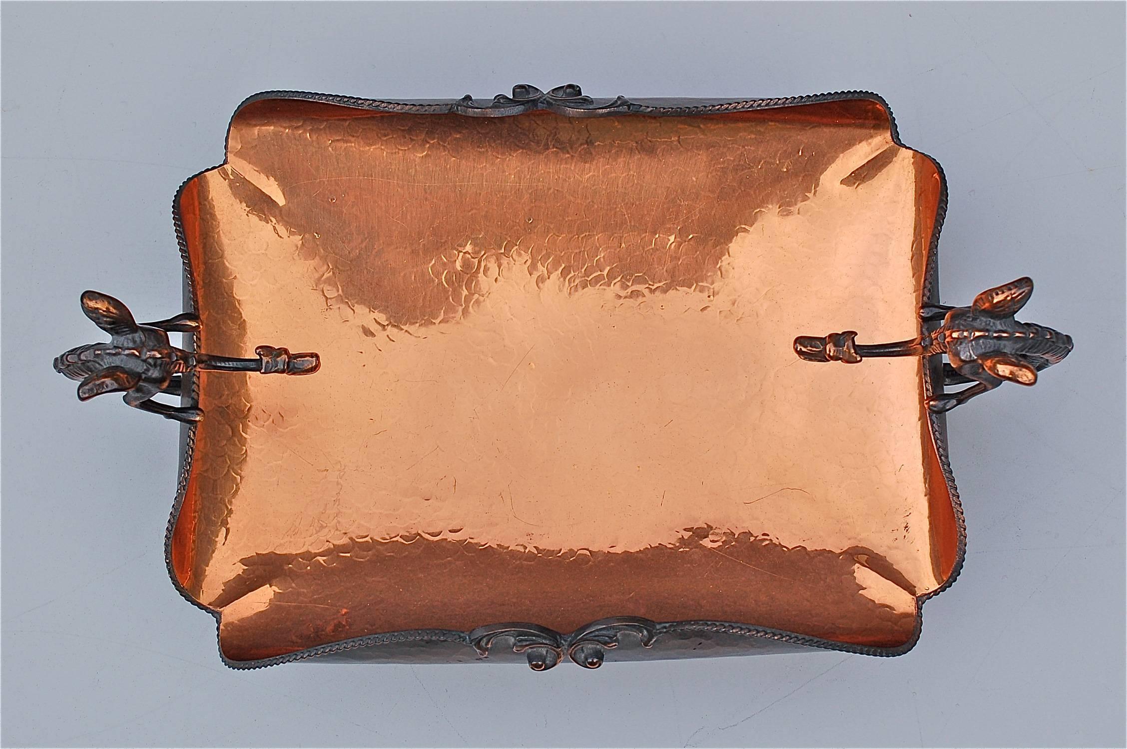 20th Century Delicately Hammered Copper Dish with Dragon Handles, circa 1950s