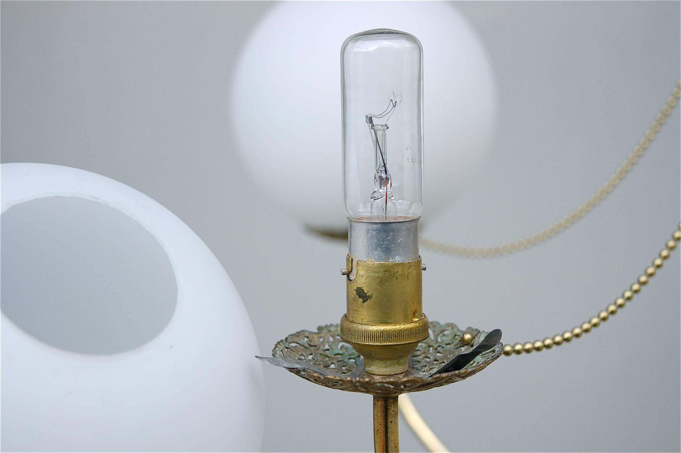 Opaline and Brass Bistro Style Lamp, 1930s In Good Condition In Noorderwijk, BE