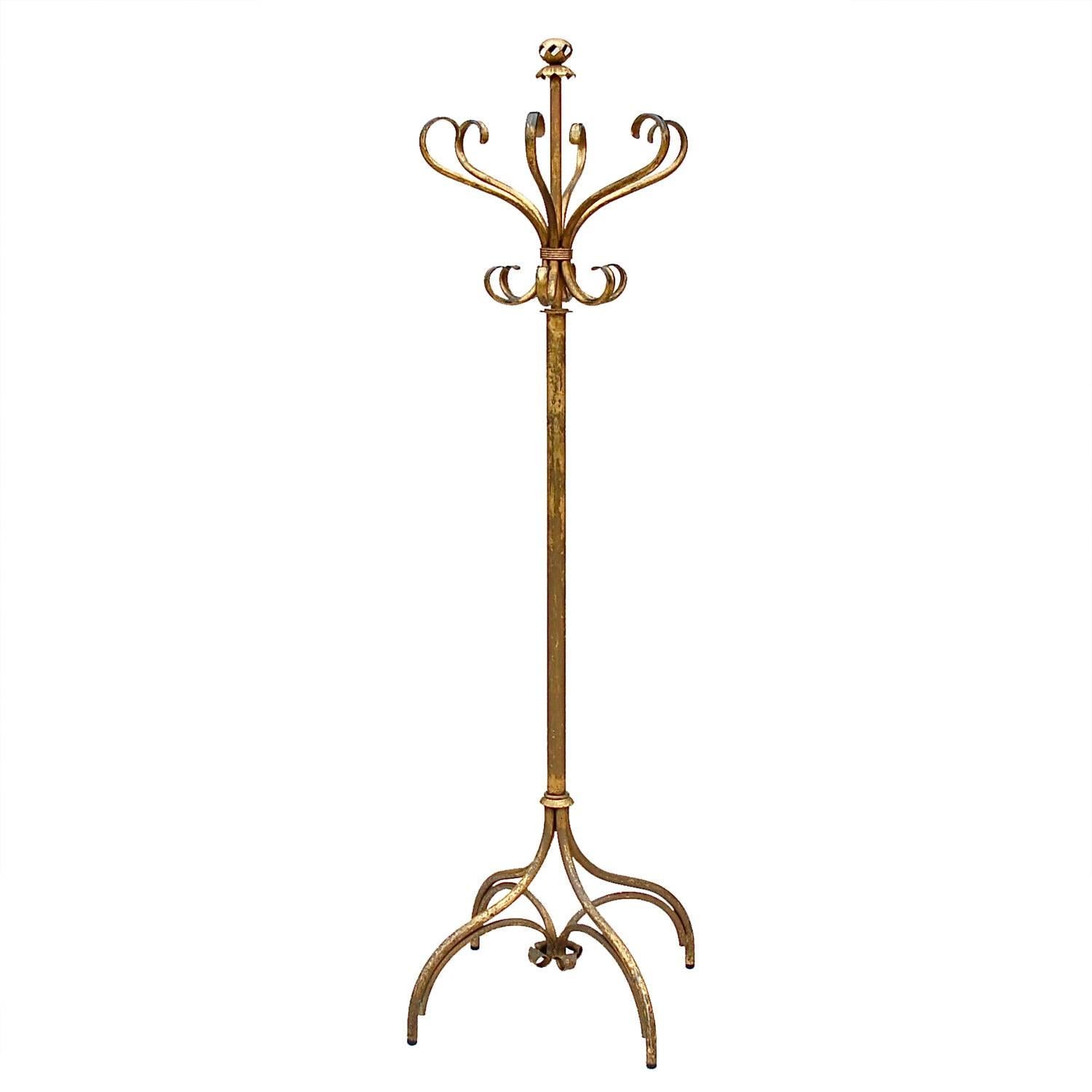 Gold Metal Coat Stand with Double Hook Branches, 1960s, Italy For Sale