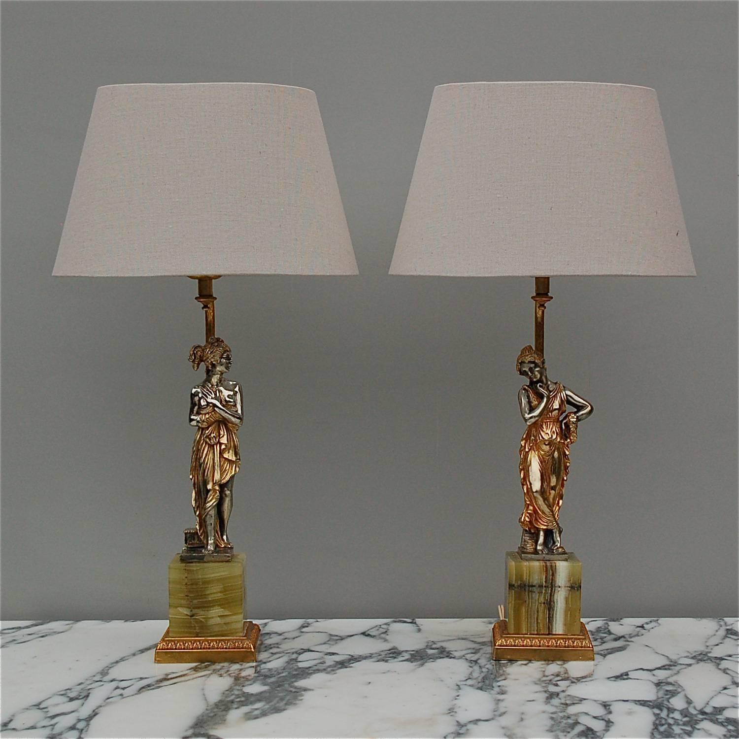 Neoclassical Pair of Roman Figure Table Lamps on Striped Onyx Base, Italy, 1970s