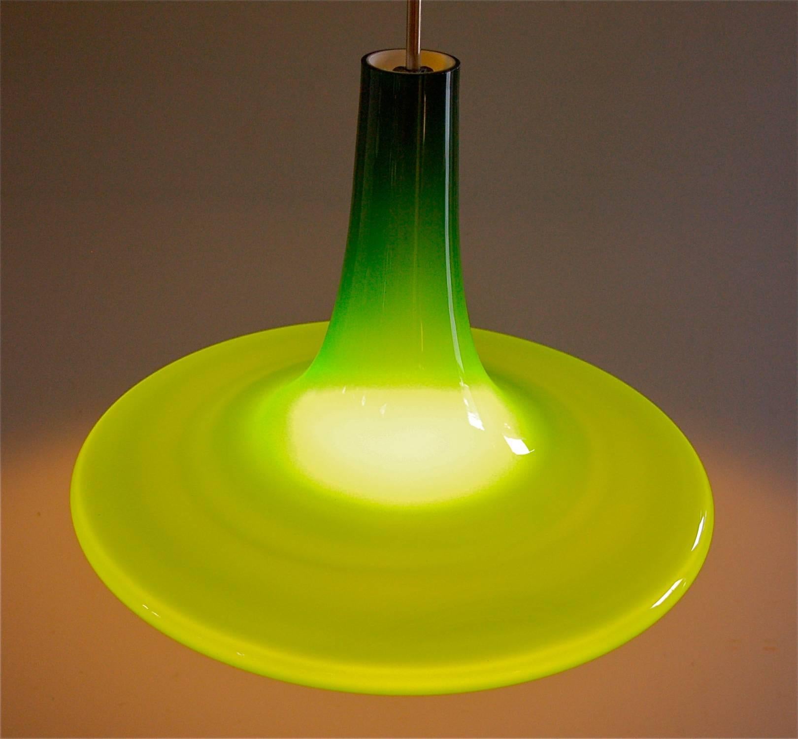 Green Trumpet Shaped Murano Glass Pendant Lamp, Peill and Putzler, 1970s 1