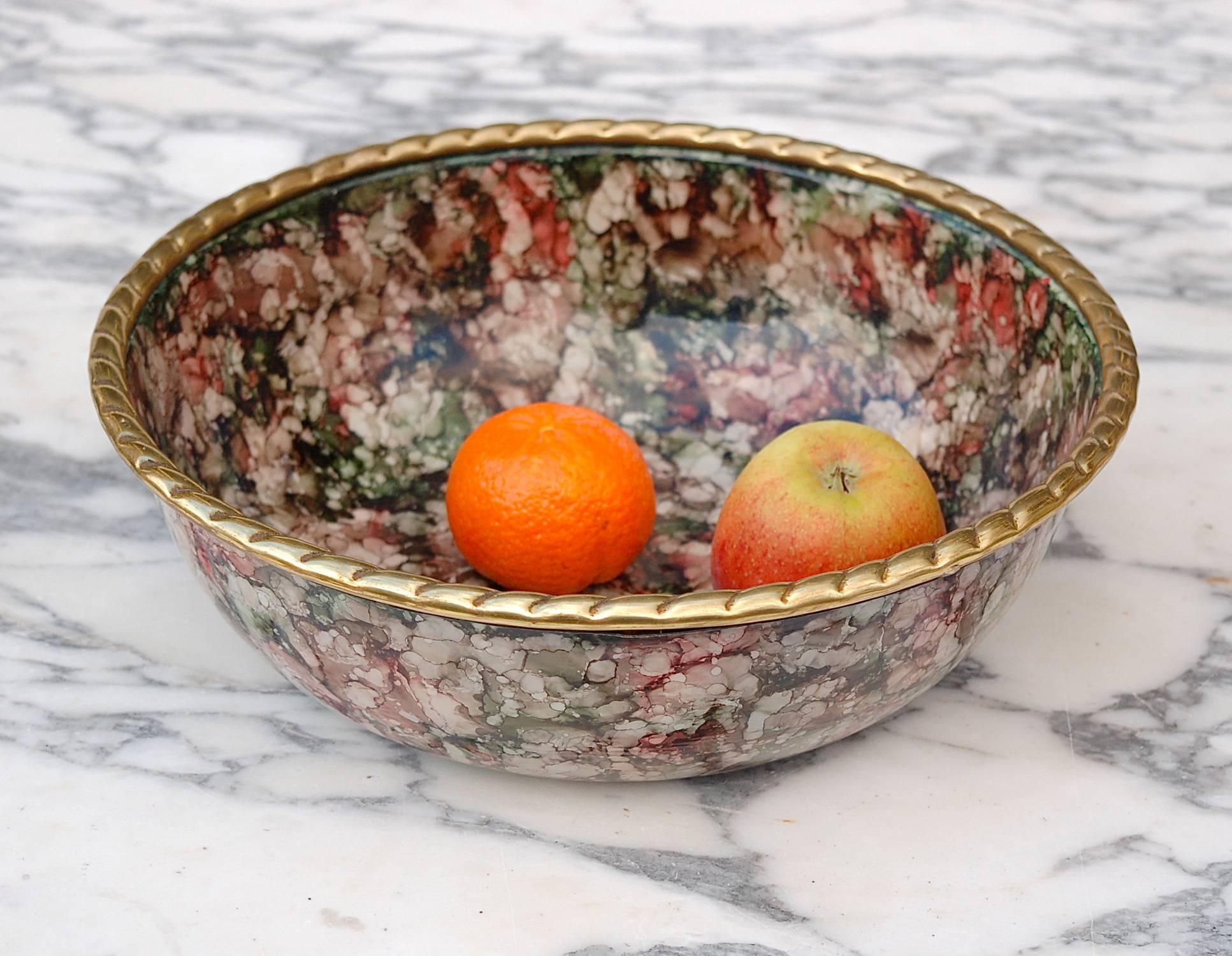 Bohemian Solid Brass Multicolored Enamel Bowl, Late 20th Century, Italy