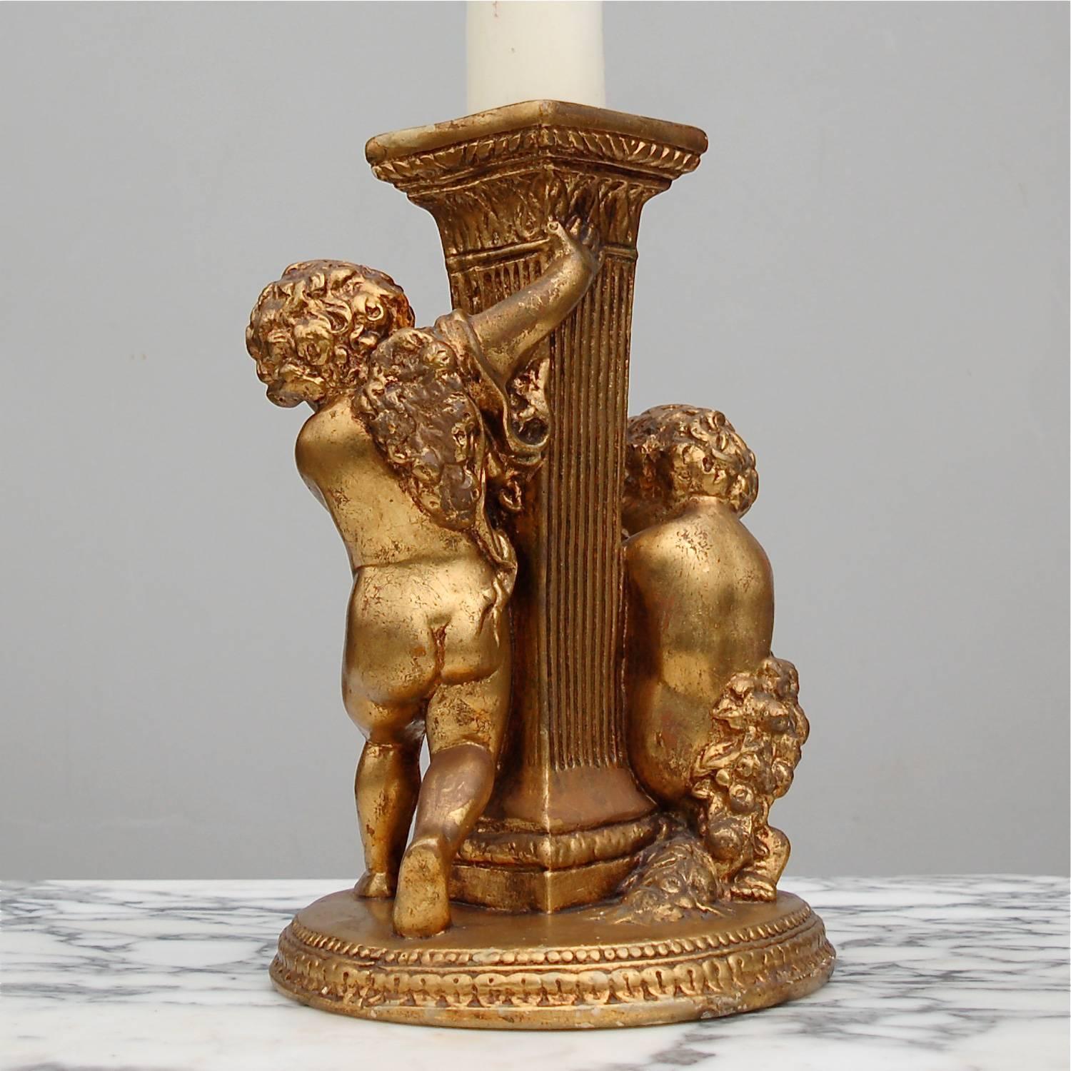 Italian Neoclassical Gilded Pillar Candleholder, Late 20th Century, Italy For Sale