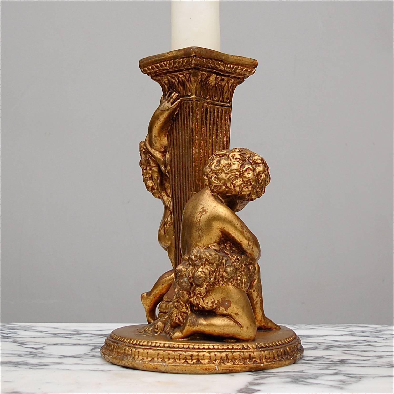 Painted Neoclassical Gilded Pillar Candleholder, Late 20th Century, Italy For Sale