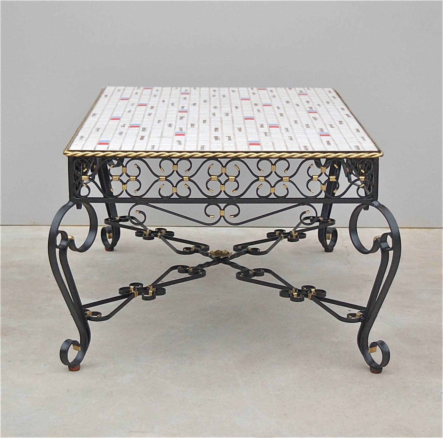 French Wrought Metal Coffee Table with Mosaic Tiled Top, 1970s, France For Sale