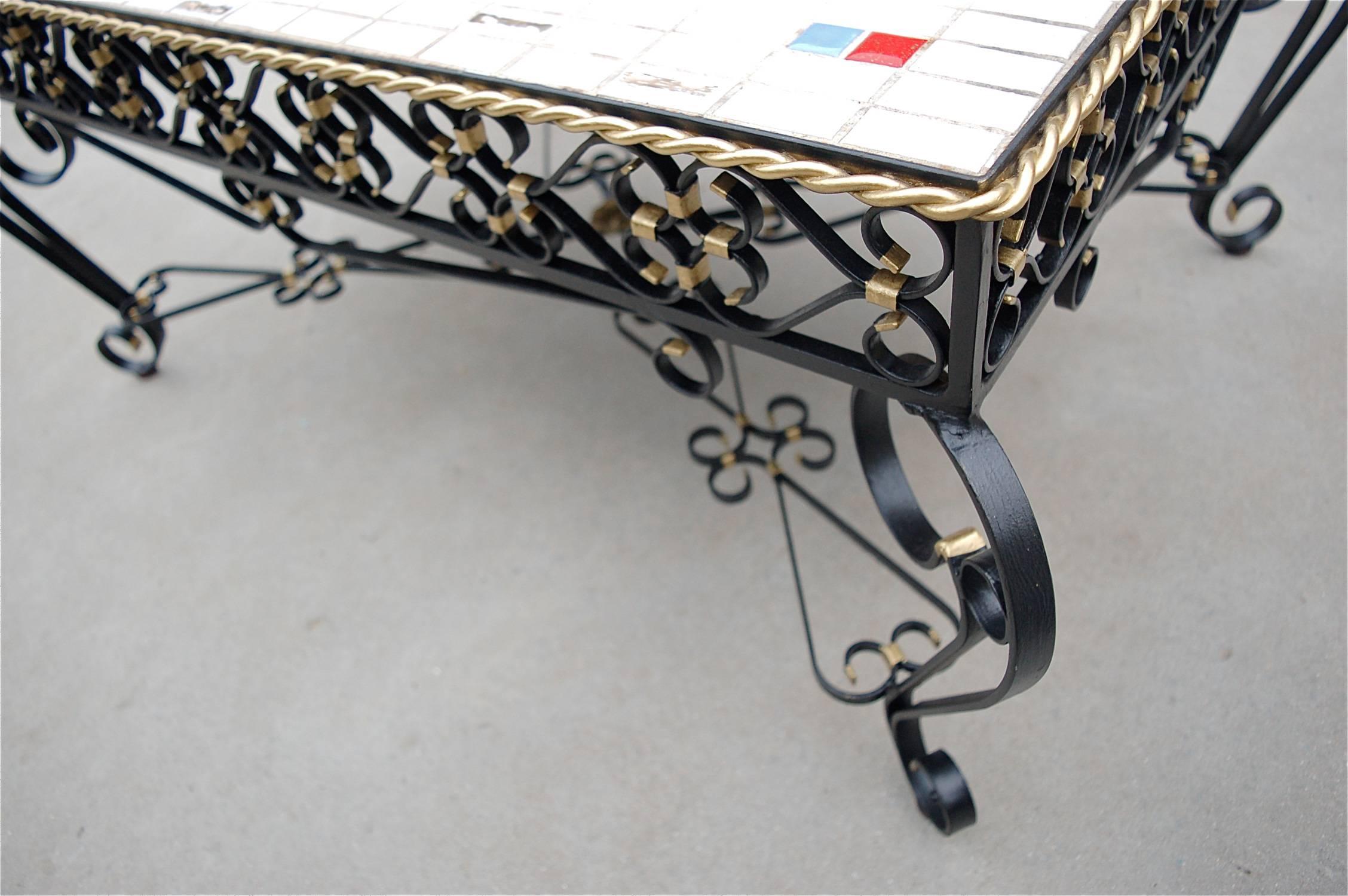 Lacquered Wrought Metal Coffee Table with Mosaic Tiled Top, 1970s, France For Sale