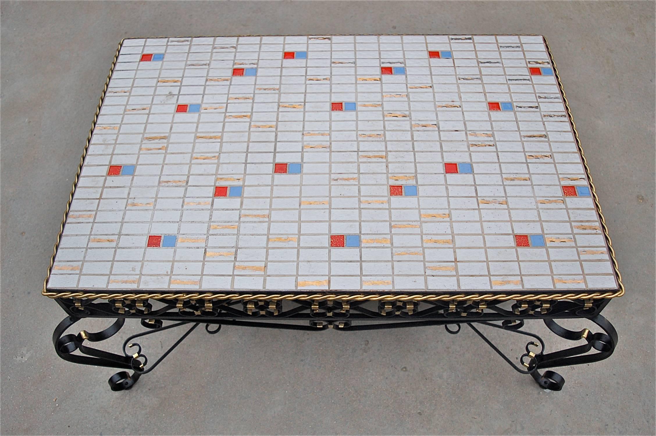 20th Century Wrought Metal Coffee Table with Mosaic Tiled Top, 1970s, France For Sale