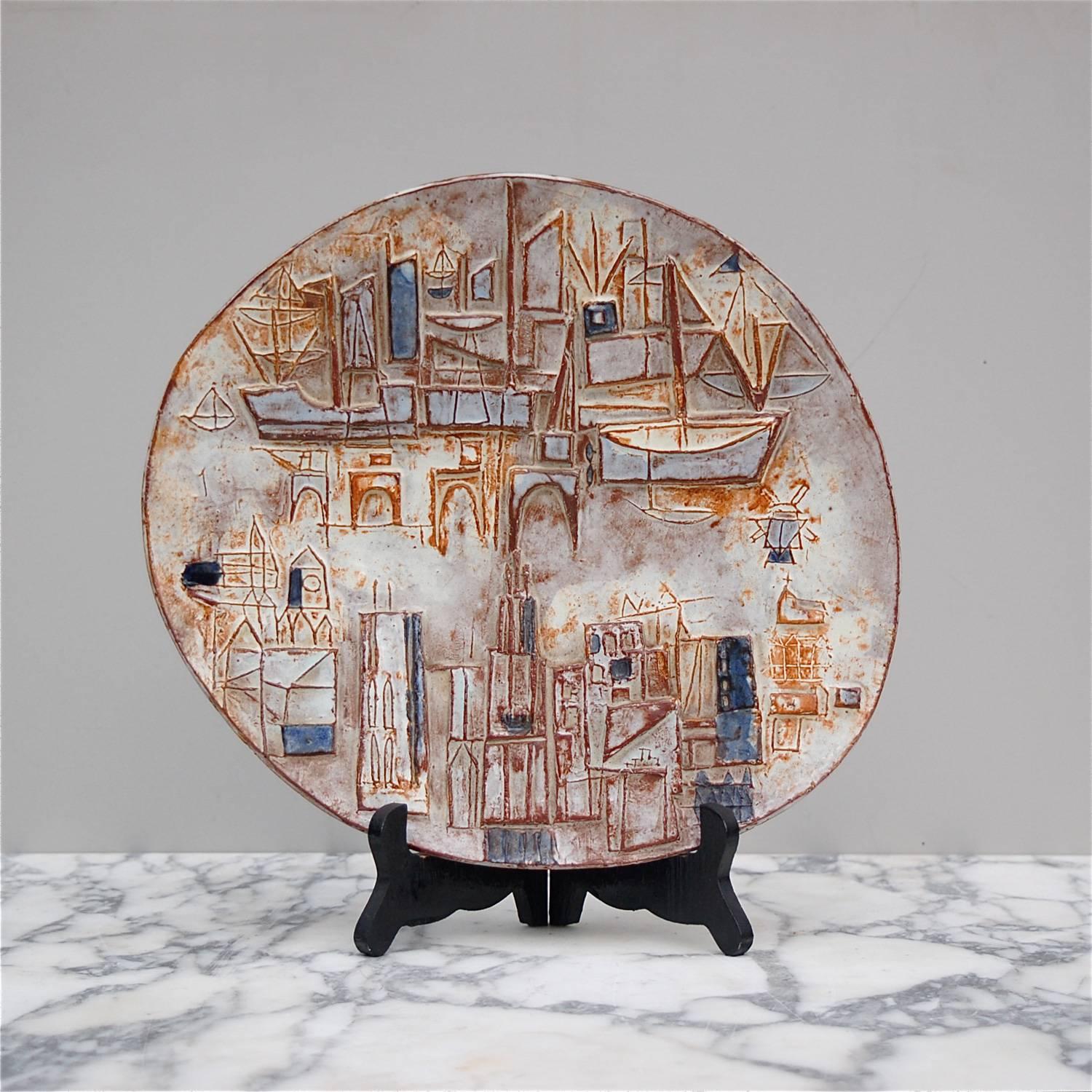 Dutch Signed Ceramic Charger with Abstract Maritime Cityscape, 1950s For Sale