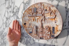 Signed Ceramic Charger with Abstract Maritime Cityscape, 1950s
