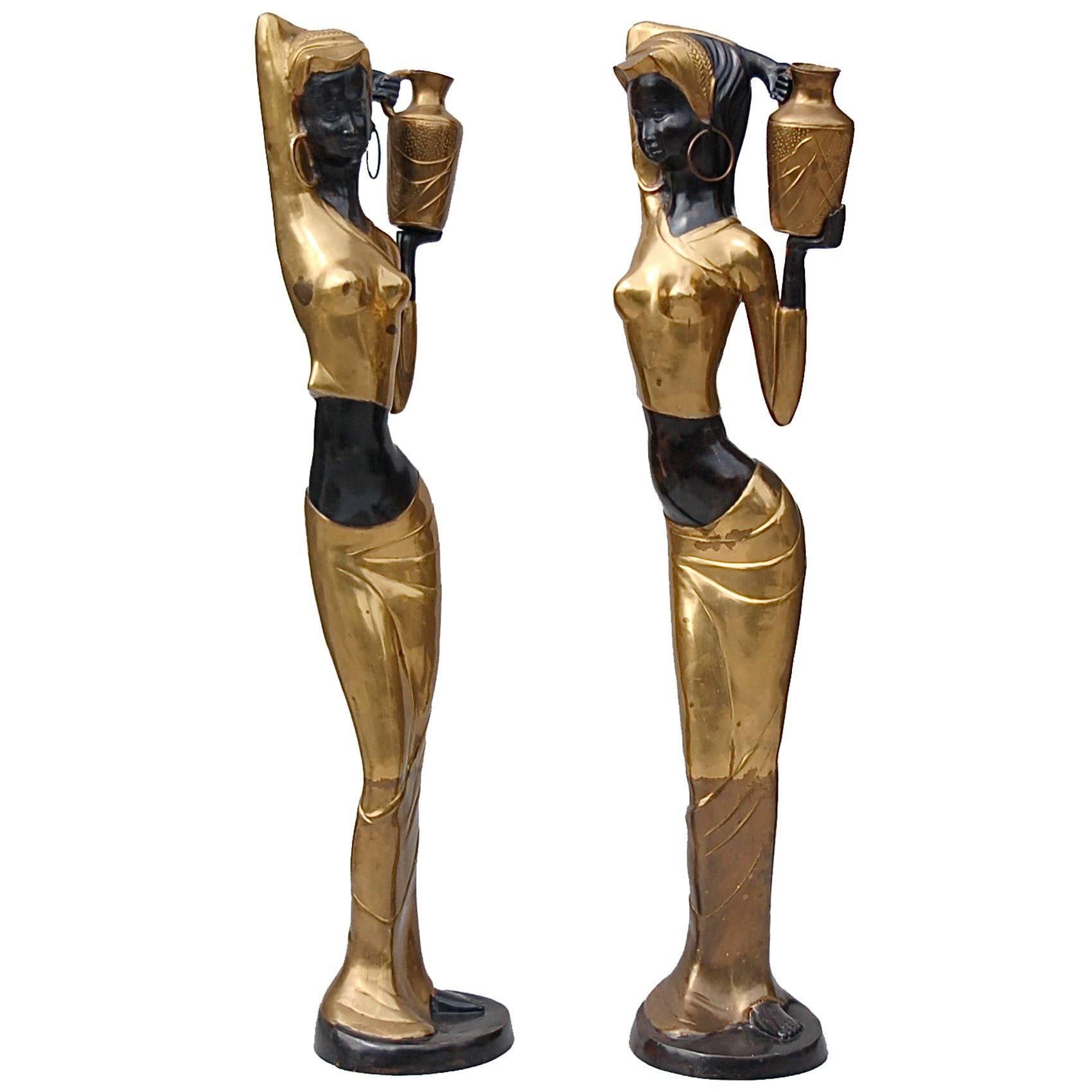 Floor Sculptures of African Female Water Carriers, Late 20th Century For Sale