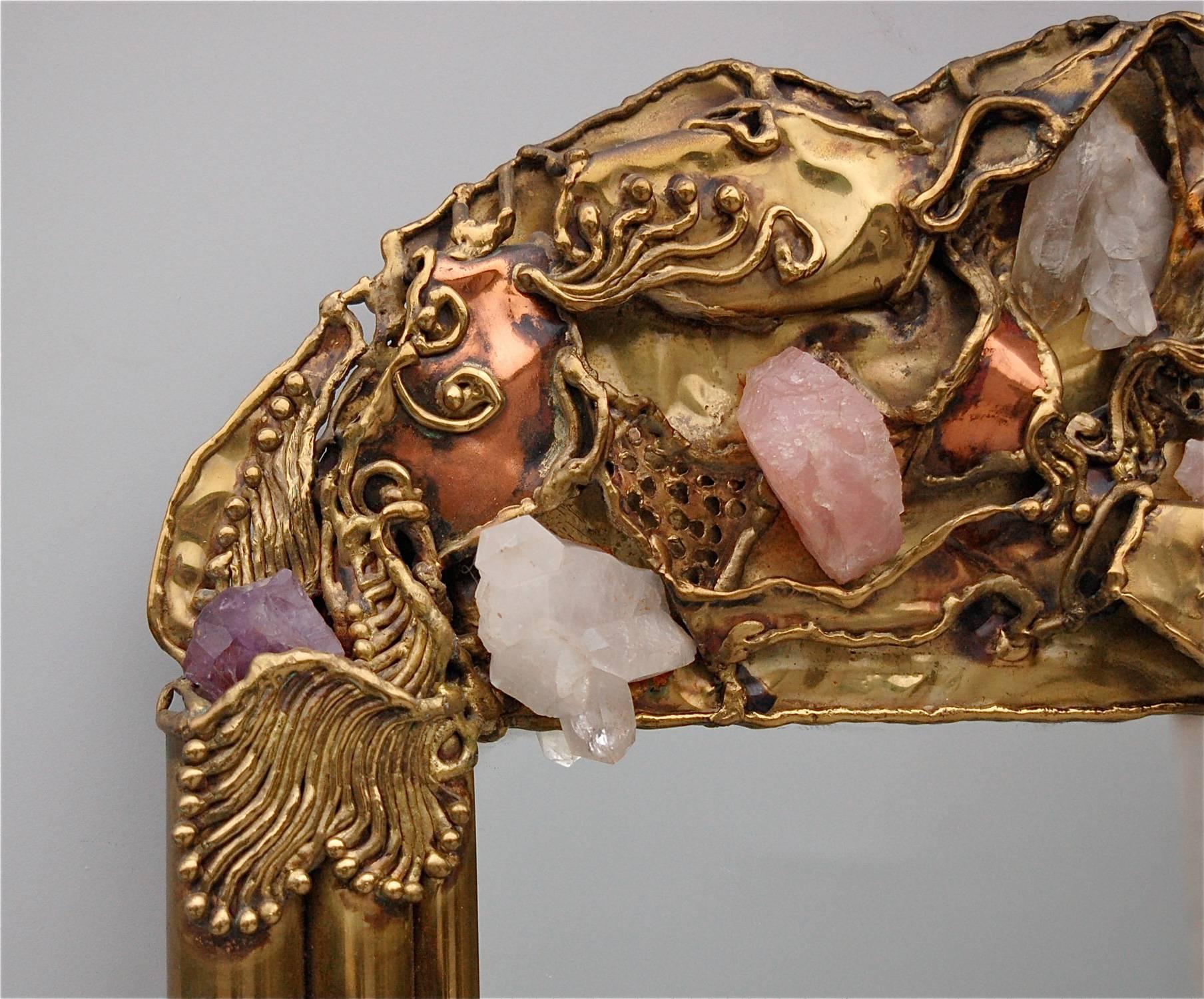 Brazilian Custom-Made Brass Mirror Encrusted with Semi-Precious Stones, Brazil For Sale