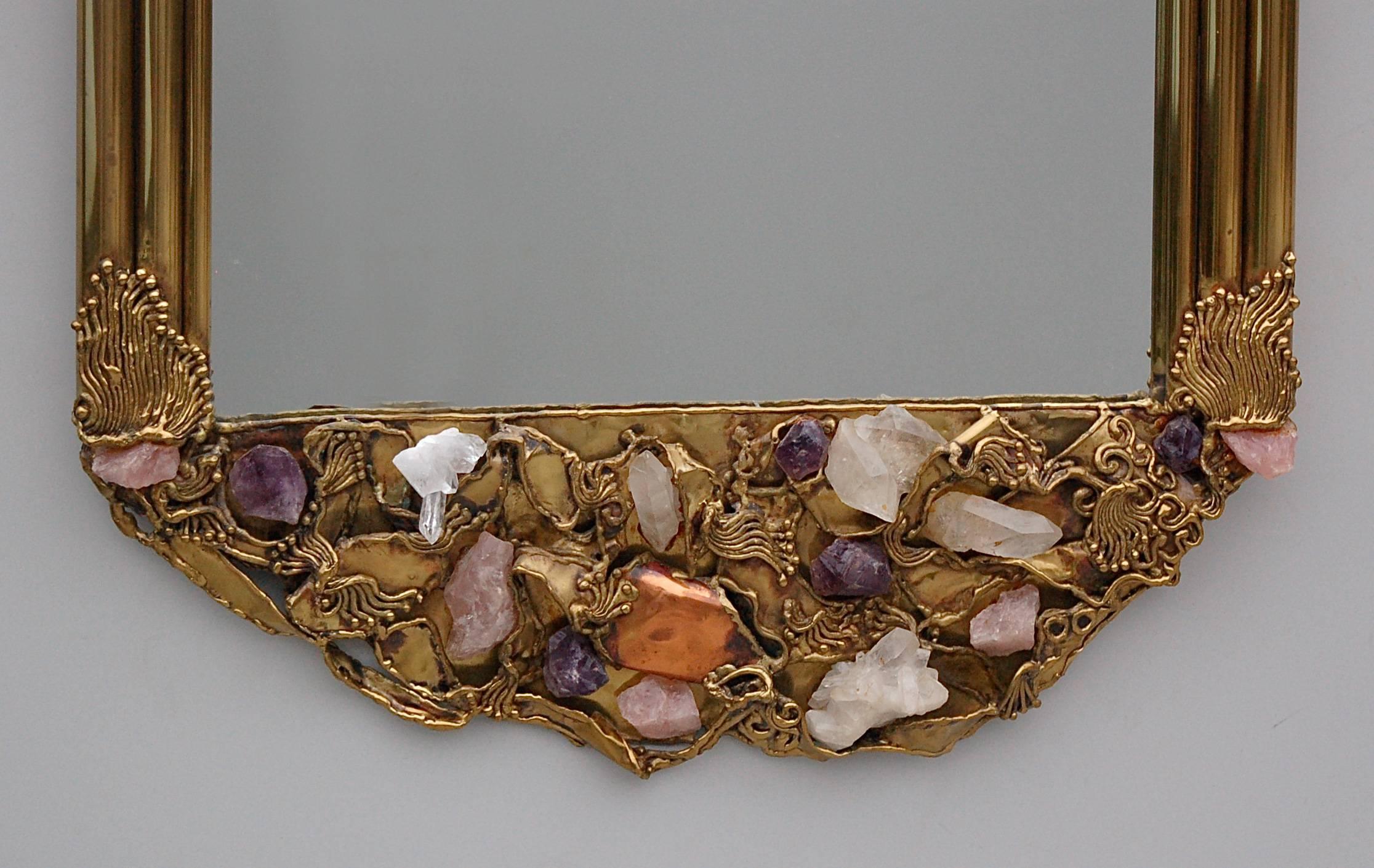 20th Century Custom-Made Brass Mirror Encrusted with Semi-Precious Stones, Brazil For Sale