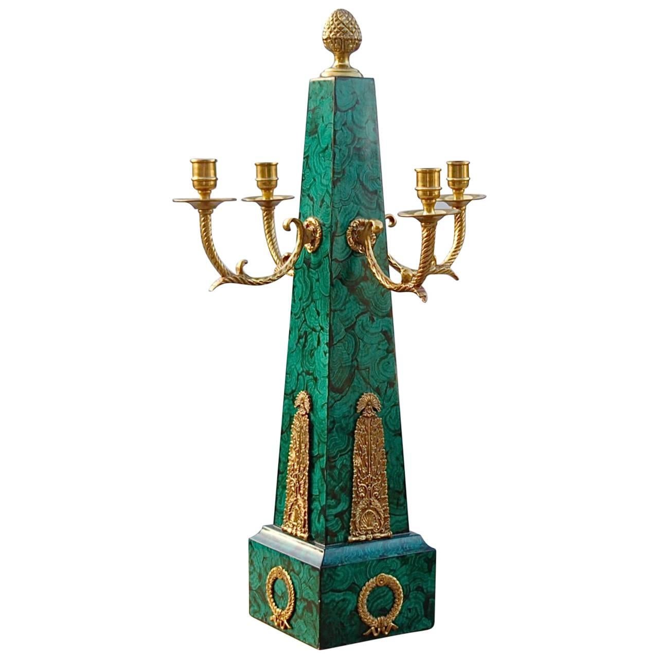 Obelisk Candleholder with Brass and Faux Malachite Finish