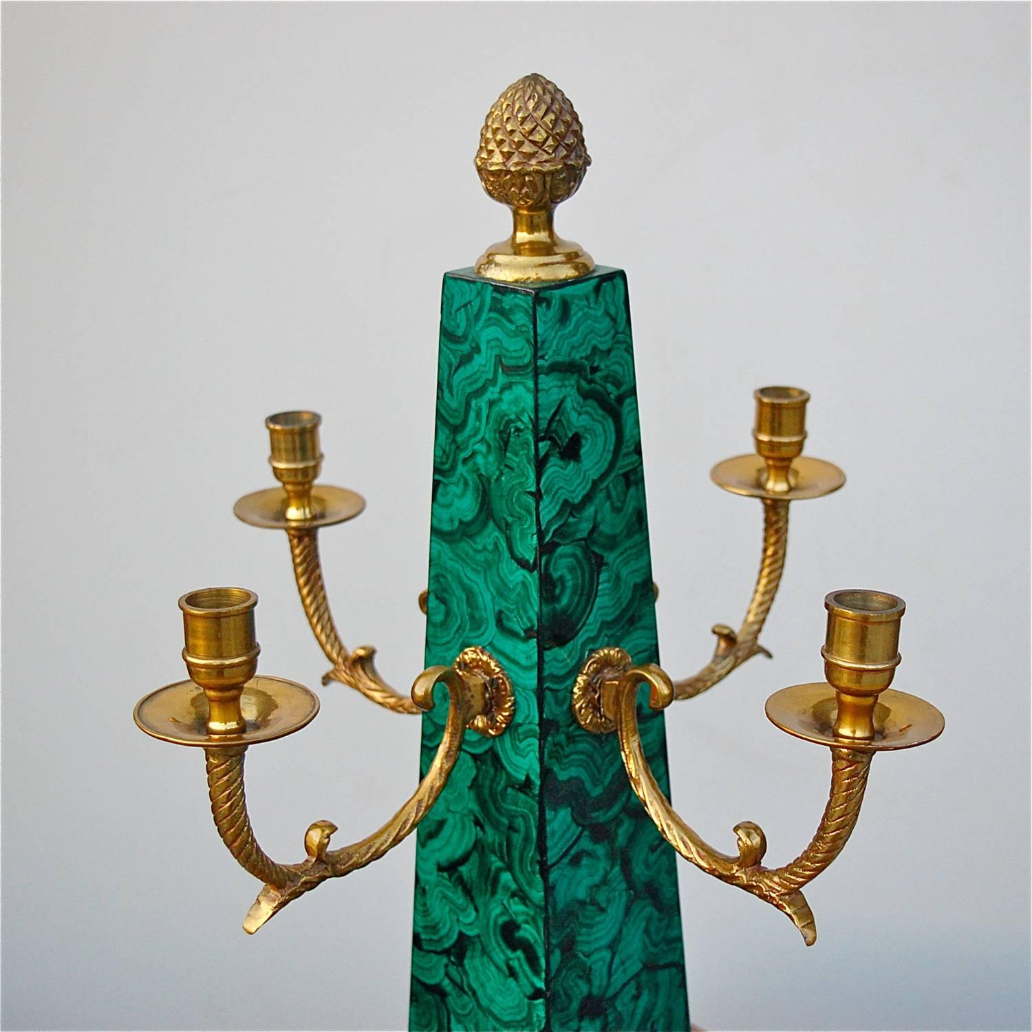 Hollywood Regency Obelisk Candleholder with Brass and Faux Malachite Finish