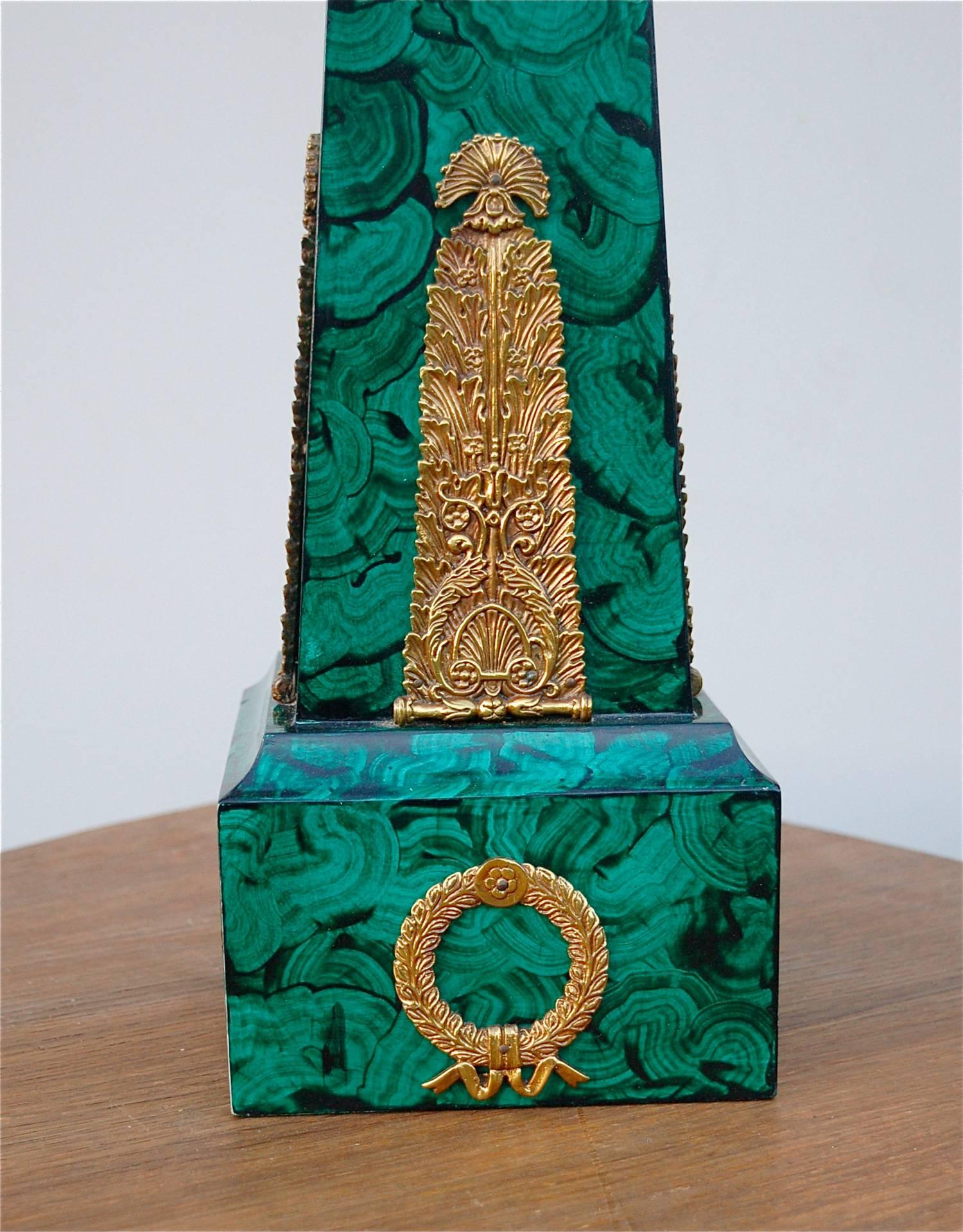 Hand-Painted Obelisk Candleholder with Brass and Faux Malachite Finish