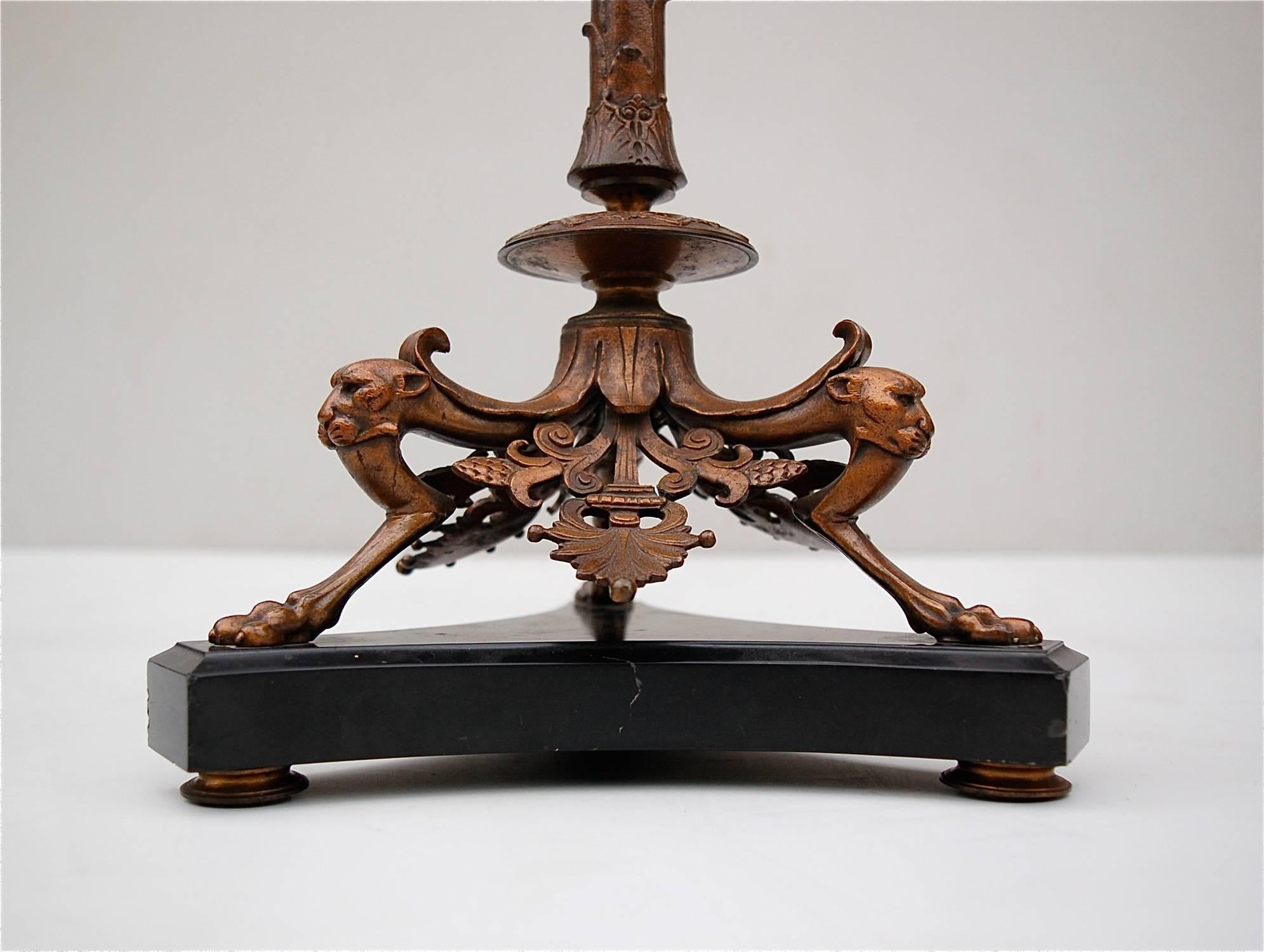 Copper 19th Century Bronze Table Lamp with Panther Heads on Black Marble Base For Sale