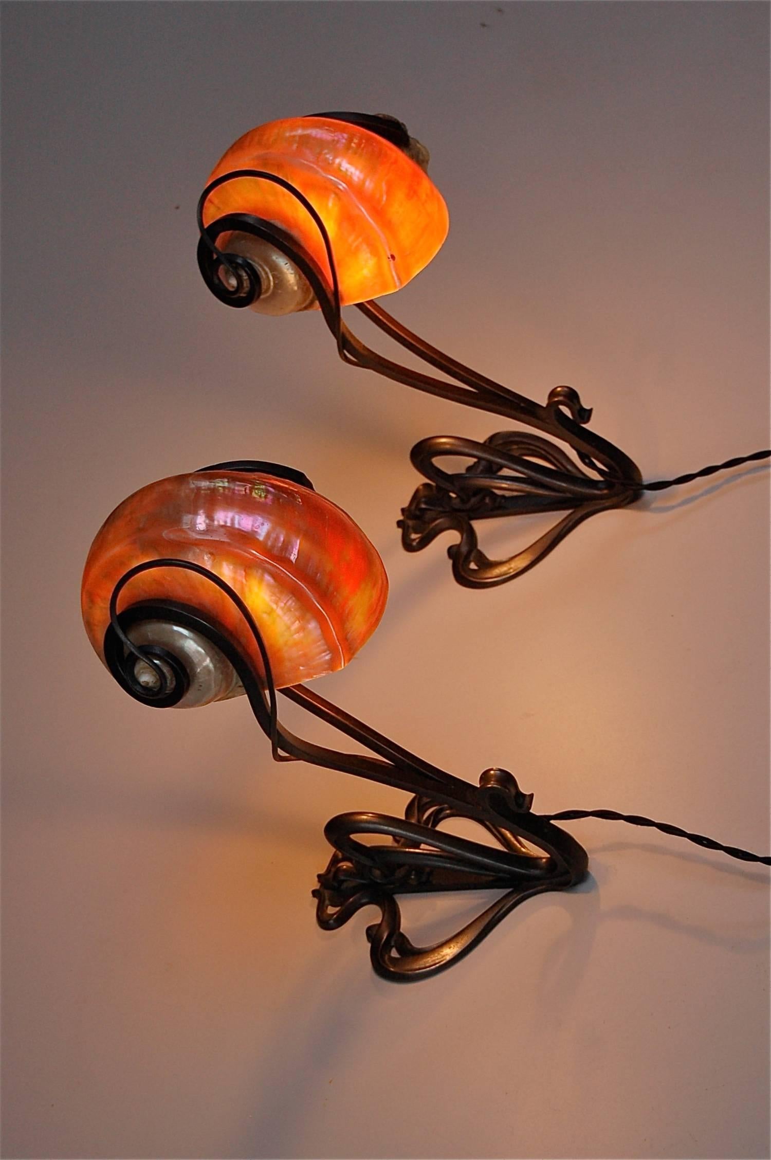 Belgian Pair of Art Nouveau Nautilus Shell Wall Lights, Early 20th Century