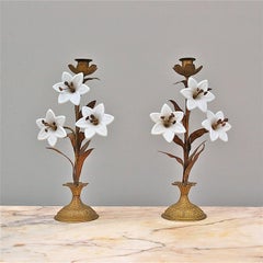Pair of Antique White Lilly Candlesticks, 19th Century, France