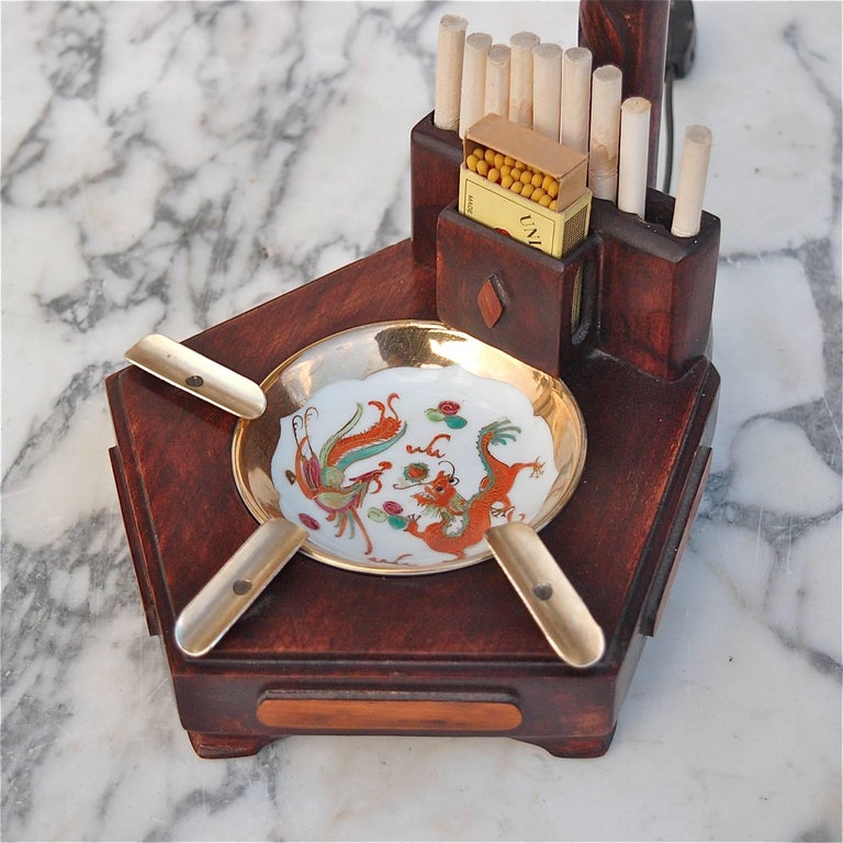 1920s Chinese Dragon Table Lamp with Ashtray and Cigarette Holder at